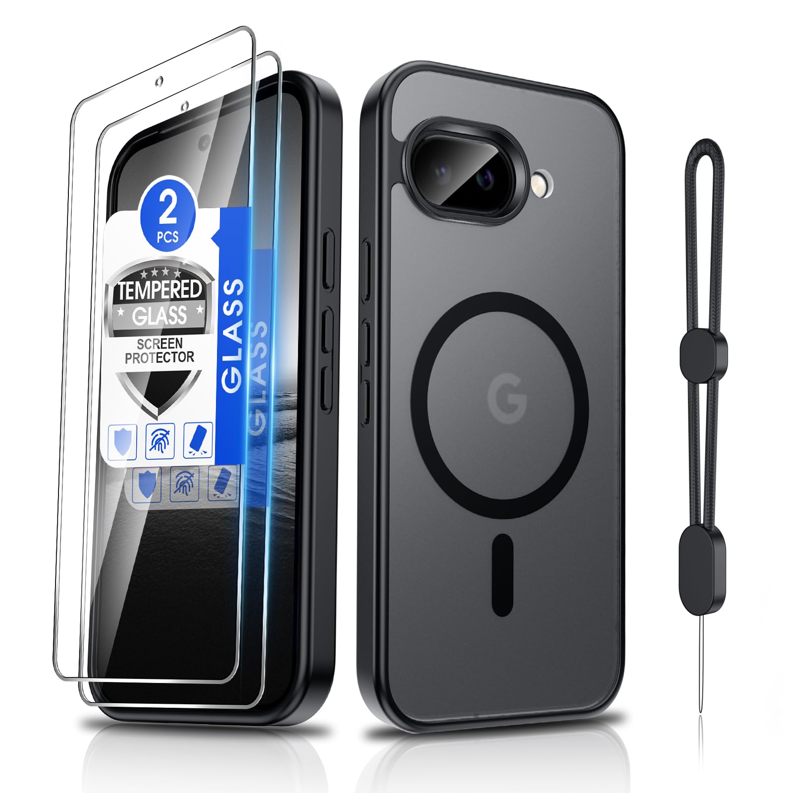 Dizn Magnetic for Google Pixel 9A Case, with Tempered Glass Screen Protector, Compatible with MagSafe, with Strap, Matte Translucent &amp; Shockproof, Protective Cover Funda Google Pixel 9A, Black