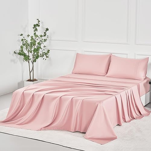 Miniatura 8 de JELLYMONI Juego de sábanas tamaño Queen, color rosa, sábanas de satén 100% algodón de 400 hilos para cama tamaño Queen, sábanas suaves y frescas,