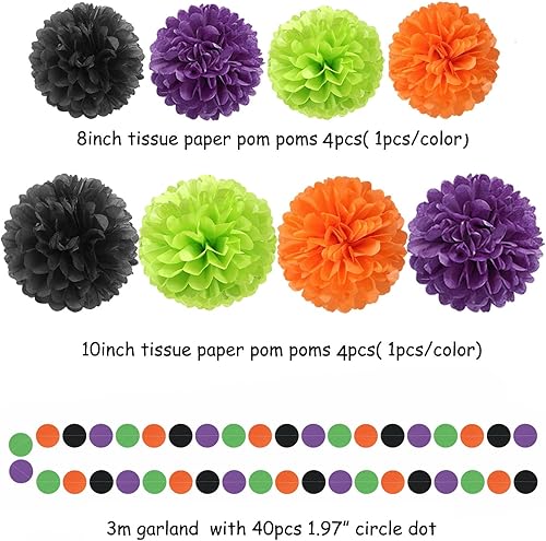 Miniatura 2 de Decoraciones de Fiesta de Halloween Negro-Morado Naranja Verde - 30 piezas Pompones de Papel Tissue, Serpentinas, Guirnalda de Borlas, Pancarta