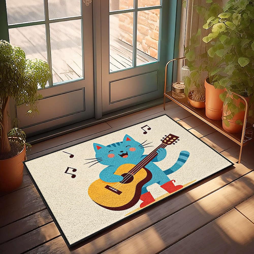 Paillasson extérieur chat guitare 65x90 grand tapis entrée original