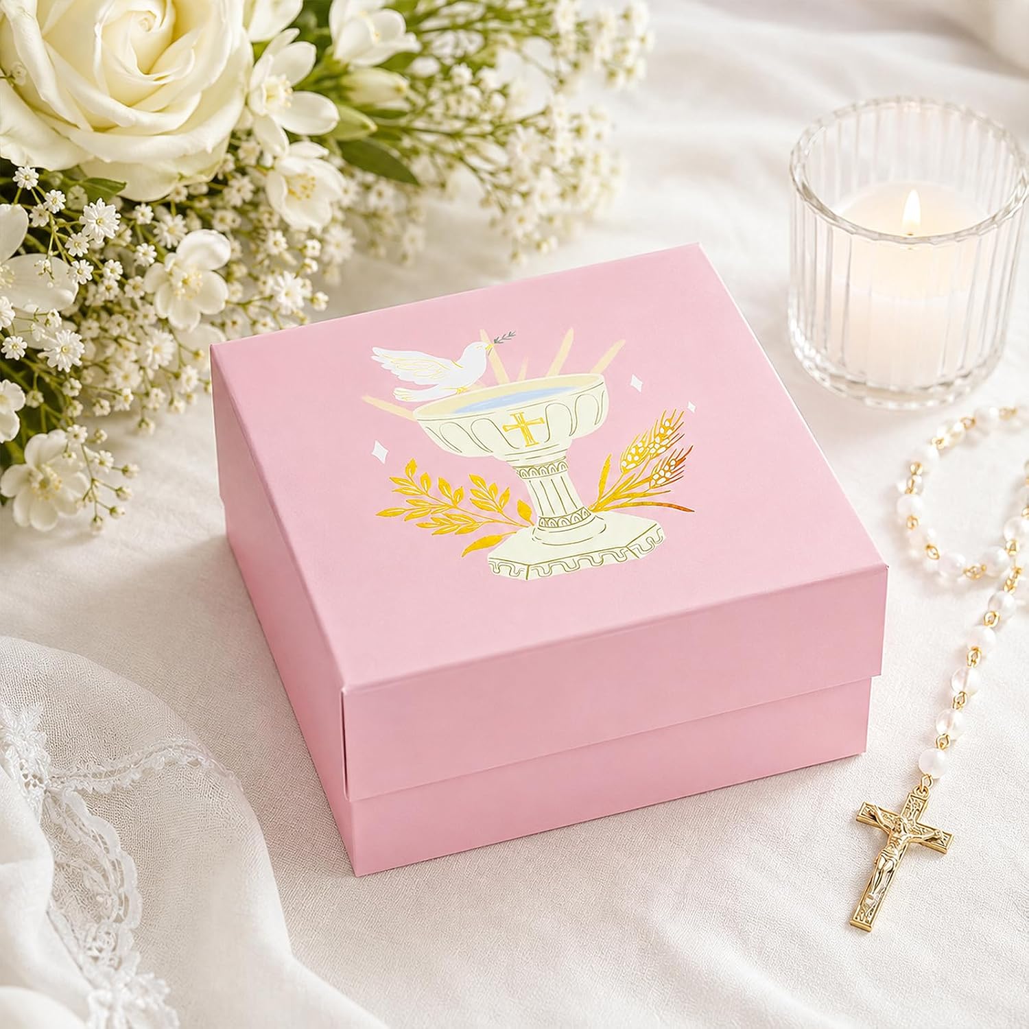RUSPEPA Pink Religious Gift Box with Magnetic Closure Lid, Gold Foil Chalice, Cross & Dove Design Collapsible Decorative Box for Baby Girl, Baptism, First Communion, Easter, 8 x 8 x 4 Inches, 1 Pcs image 4