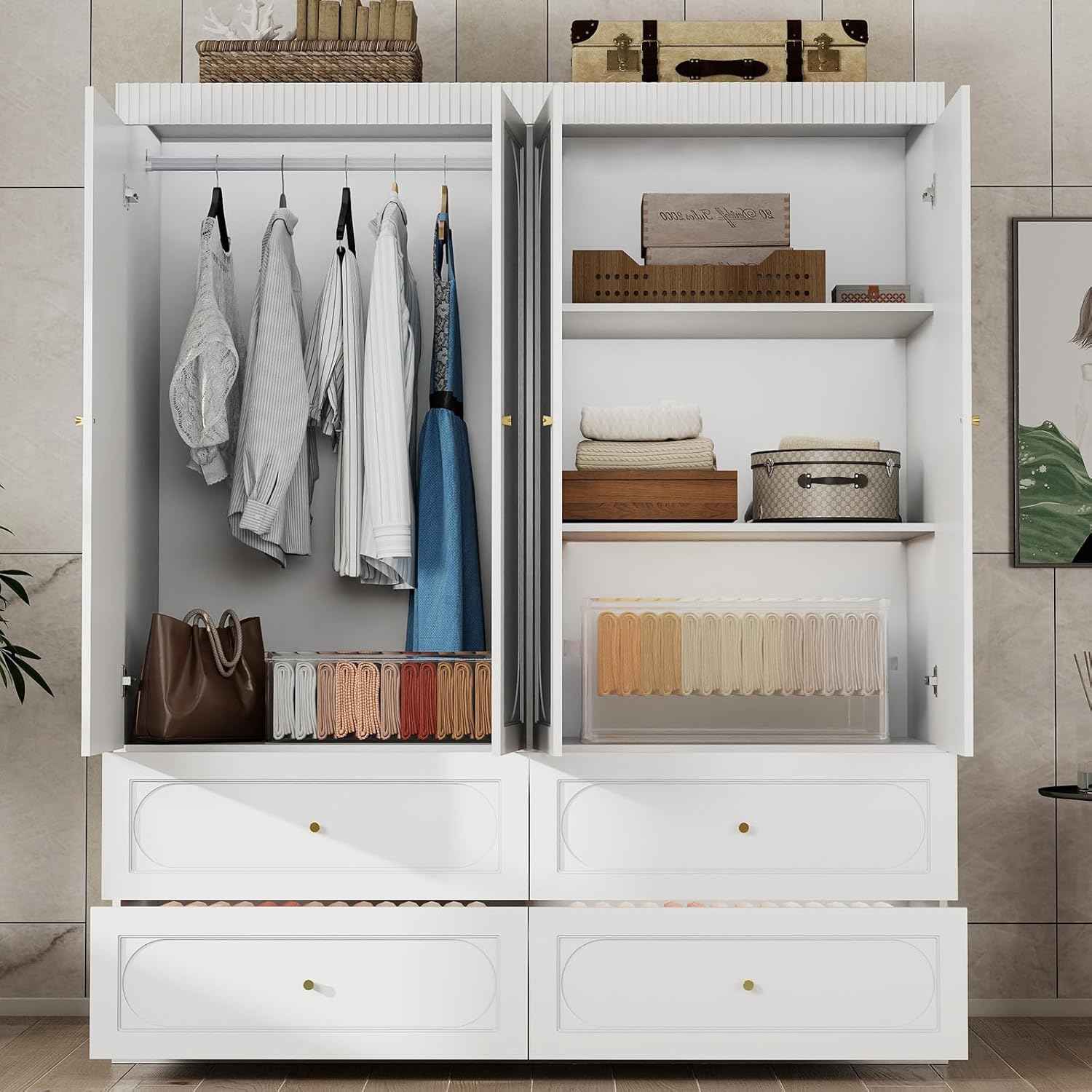 Armoire Wardrobe Closet with Drawers: 74" Large Wardrobe Closet with 4 Doors, White Bedroom Armoires with 4 Drawers, Wooden Closets Cabinet for Hanging Clothes (White)