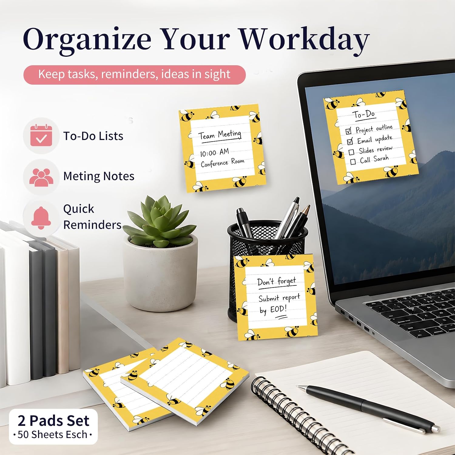 Sticky Notes 3x3, Bright Cute 2 Pack Self-Stick Note Pads, Strong Adhesive Memo Pad, Easy to Post for Home, Office Cute Yellow Bees image 5