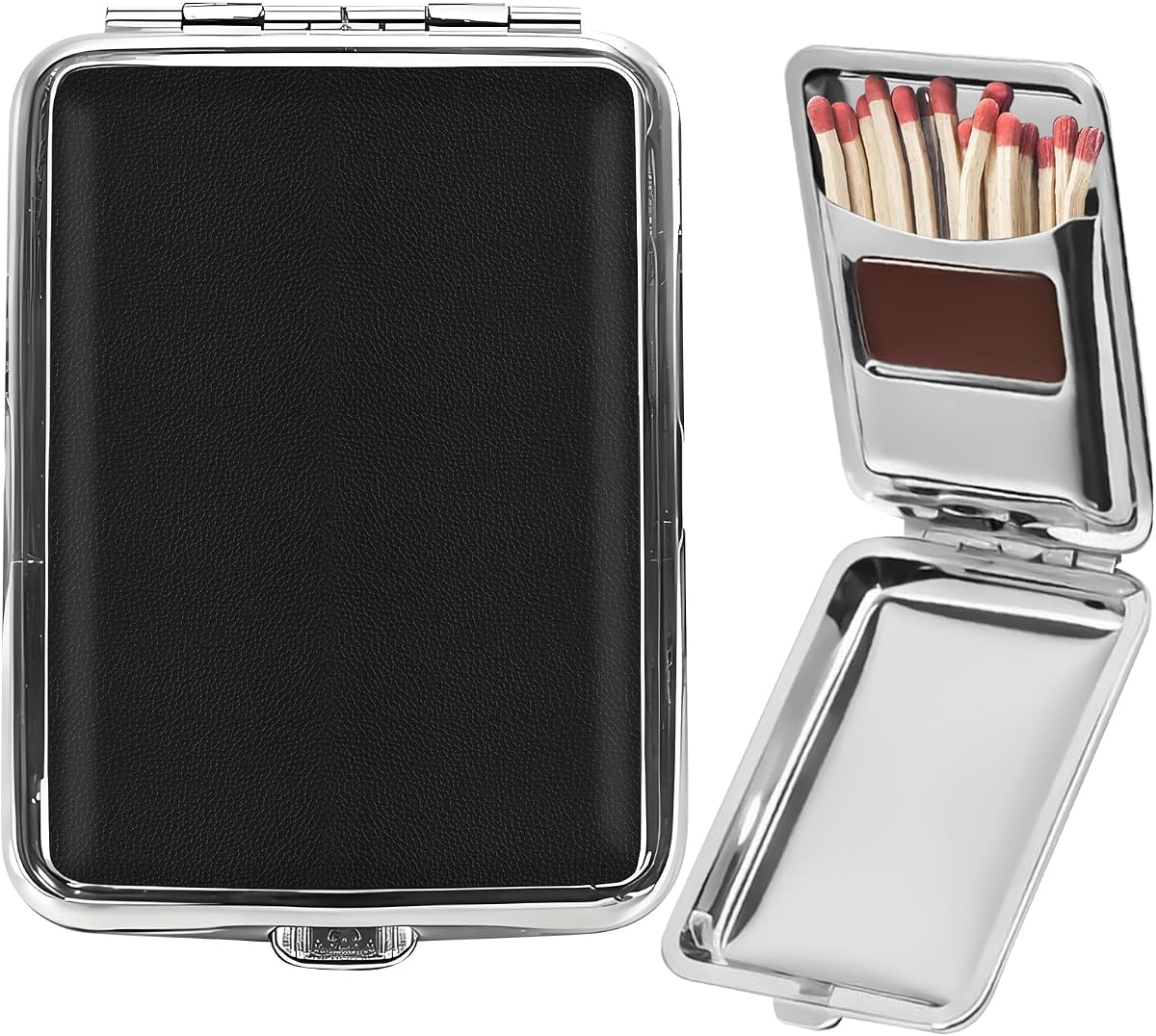 Metal Match Box Case with Friction Plate Portable Matchstick Holder Storage Case Reusable One Button Stainless Steel Dampproof Fireplace Starter for Outdoor Camping