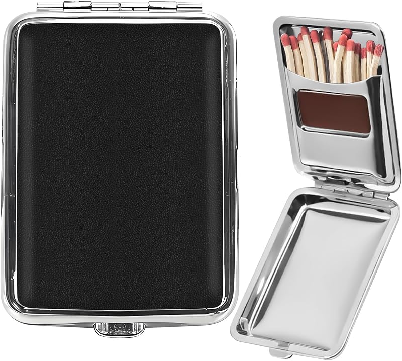 Metal Match Box Case with Friction Plate Portable Matchstick Holder Storage Case Reusable One Button Stainless Steel Dampproof Fireplace Starter for Outdoor Camping