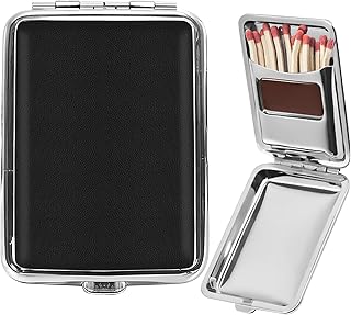 Metal Match Box Case with Friction Plate Portable Matchstick Holder Storage Case Reusable One Button Stainless Steel Dampproof Fireplace Starter for Outdoor Camping