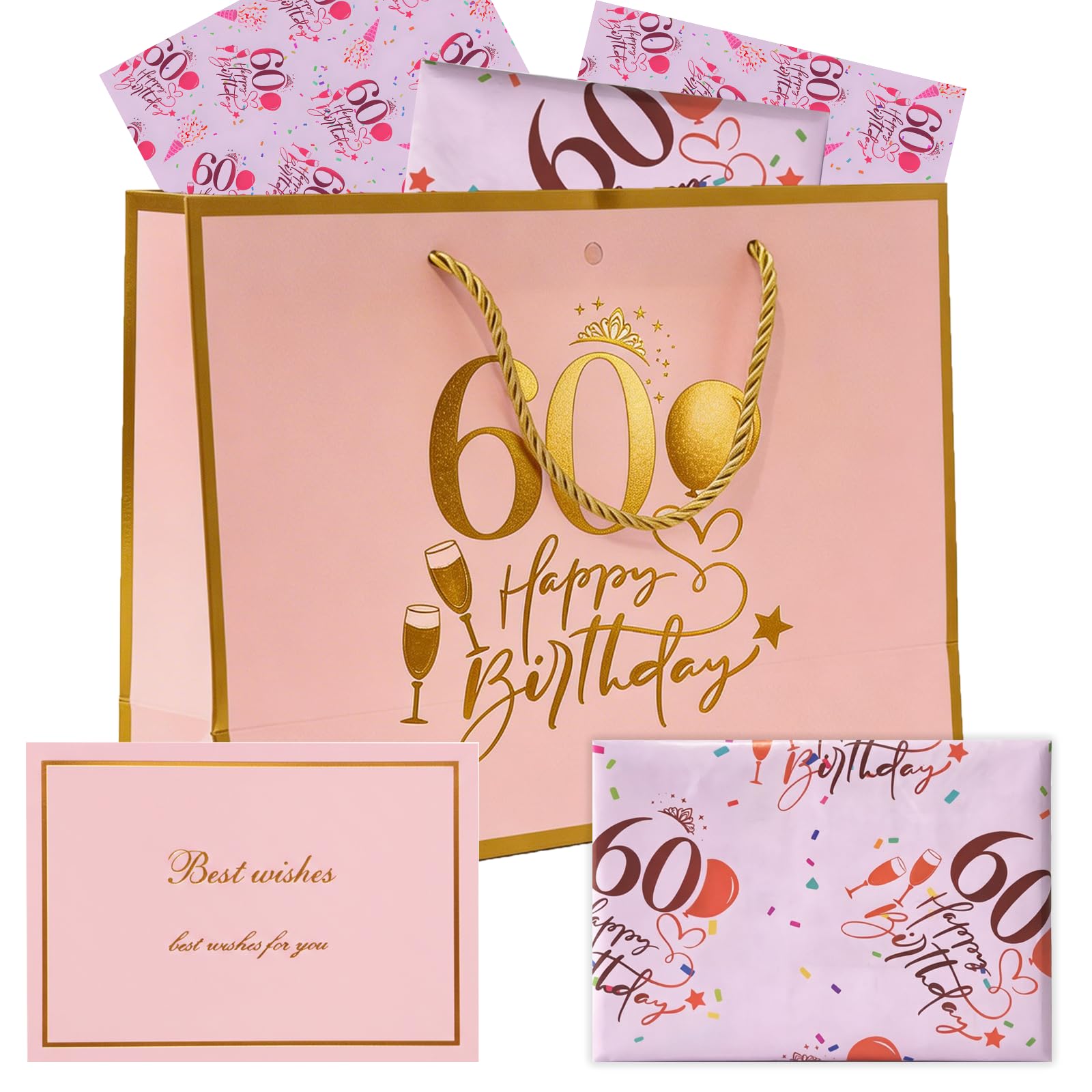 60th Birthday Gift Bag with Card & Wrapping Paper, Pink Gold Foil Keepsake Present Bags for Girls Her Best Wishes, Elegant 60 Year Old Anniversary Party Christmas Decorations Supplies