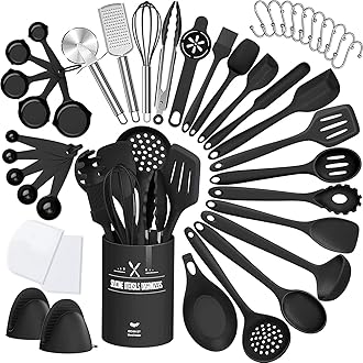 43 Pcs Kitchen Utensils Set, Heat Resistant Silicone Cooking Kitchen Utensils Set with Holder, Spoon, Spatula, Kitchen Gadgets Tools Set For Nonstick Cookware, Dishwasher(BPA Free, Black)