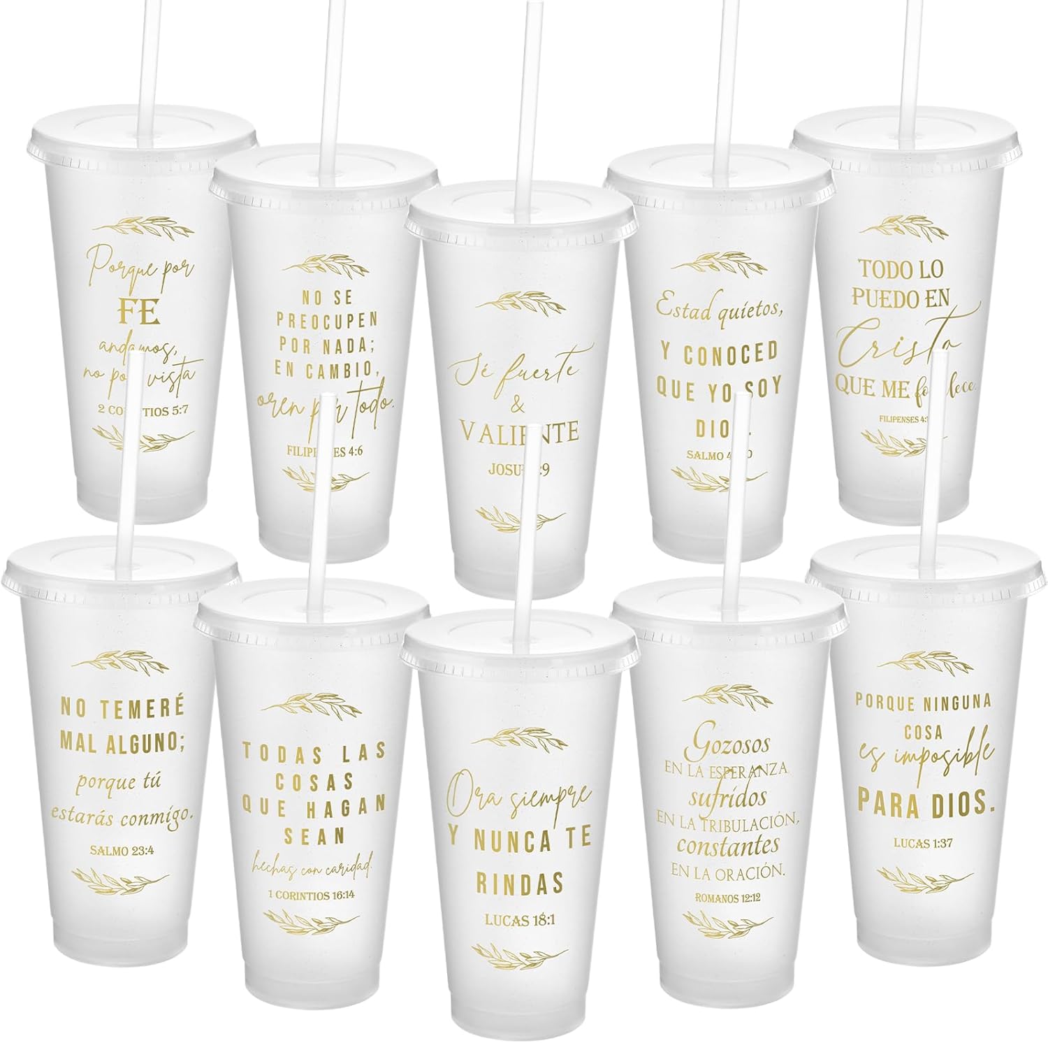 Hushee 10 Set Spanish Christian Tumblers for Women with Lids Straws Mother's Day Gifts in Bulk for Church Women, 24 oz Plastic Coffee Cups Spanish Regalos Cristianos Religious Gifts(Clear)