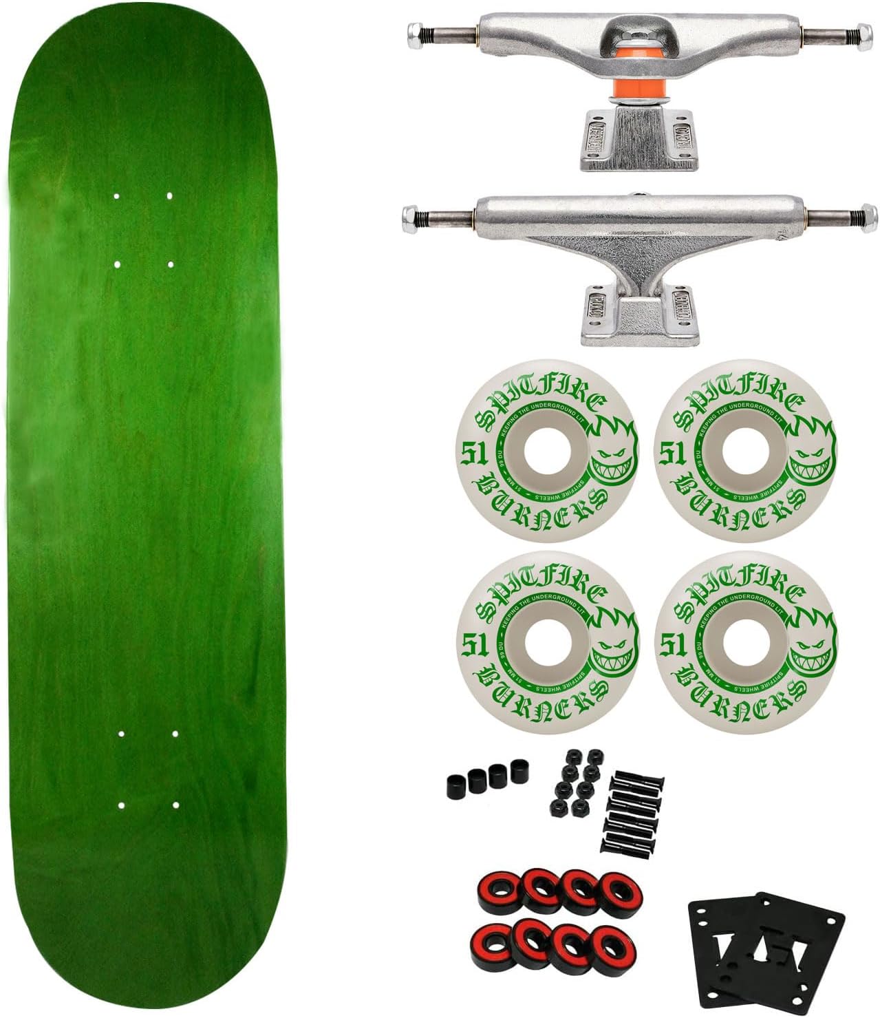 Moose Canadian Made Blank Skateboard with Independent Mid Silver Trucks, Spitfire Burners Wheels, ABEC 5 Bearings, Risers, Hardware, Griptape - Choose Color & Size