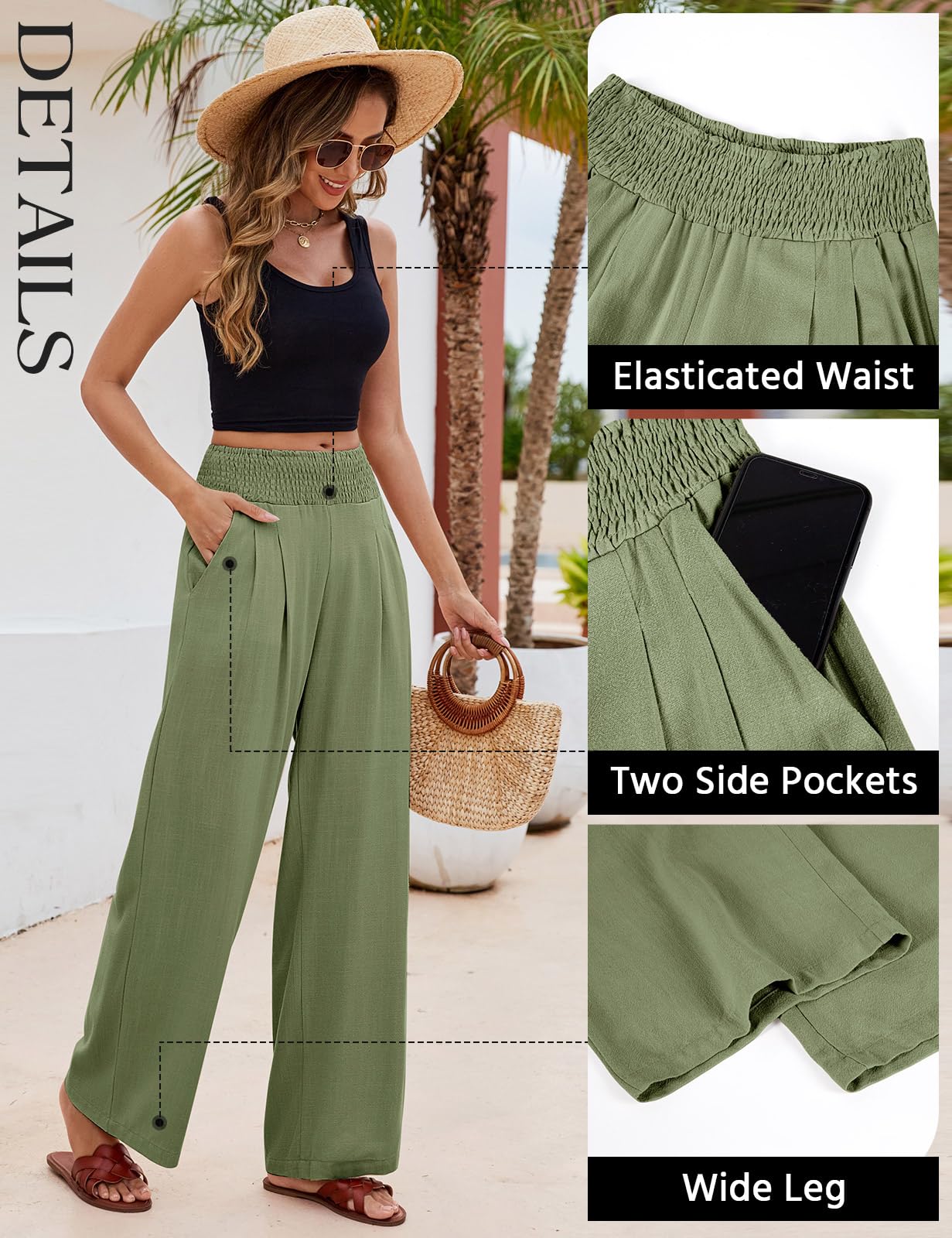 Pantalones de Lino Mujer Verano Algodón Cintura Alta Palazzo Pierna Ancha con Bolsillos