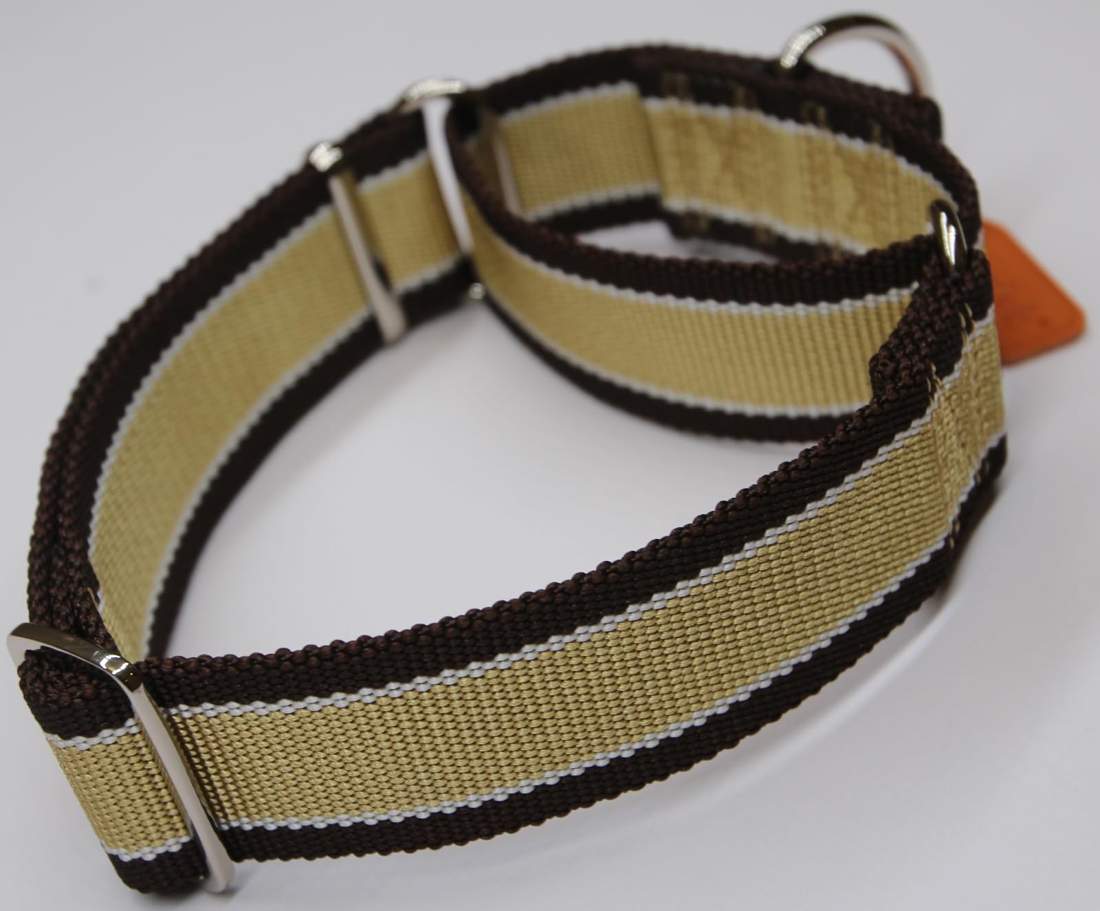 Martingale Halsband für Hunde-4 cm Breites, 1600D Hochfestes Ausbruchssicheres Nylon-Halsband mit 3-Farben Streifen-Zugfest & Langlebig für Mittelgroße bis Sehr Große Hunde M, Khaki&Dunkelbraun