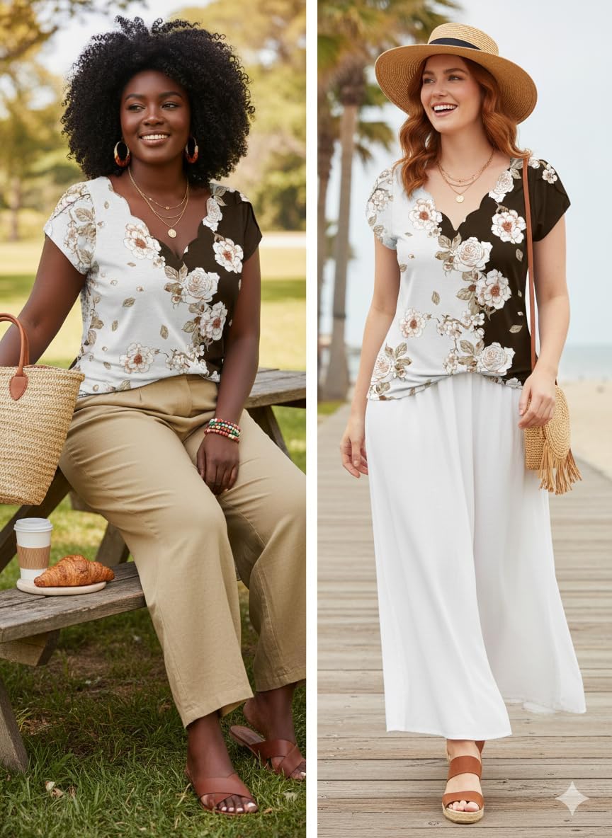 Womens Summer Tops Seashell Edge V Neck Shirts Petal Short Sleeve Top Dressy Casual Tunic Blouses - Image 4