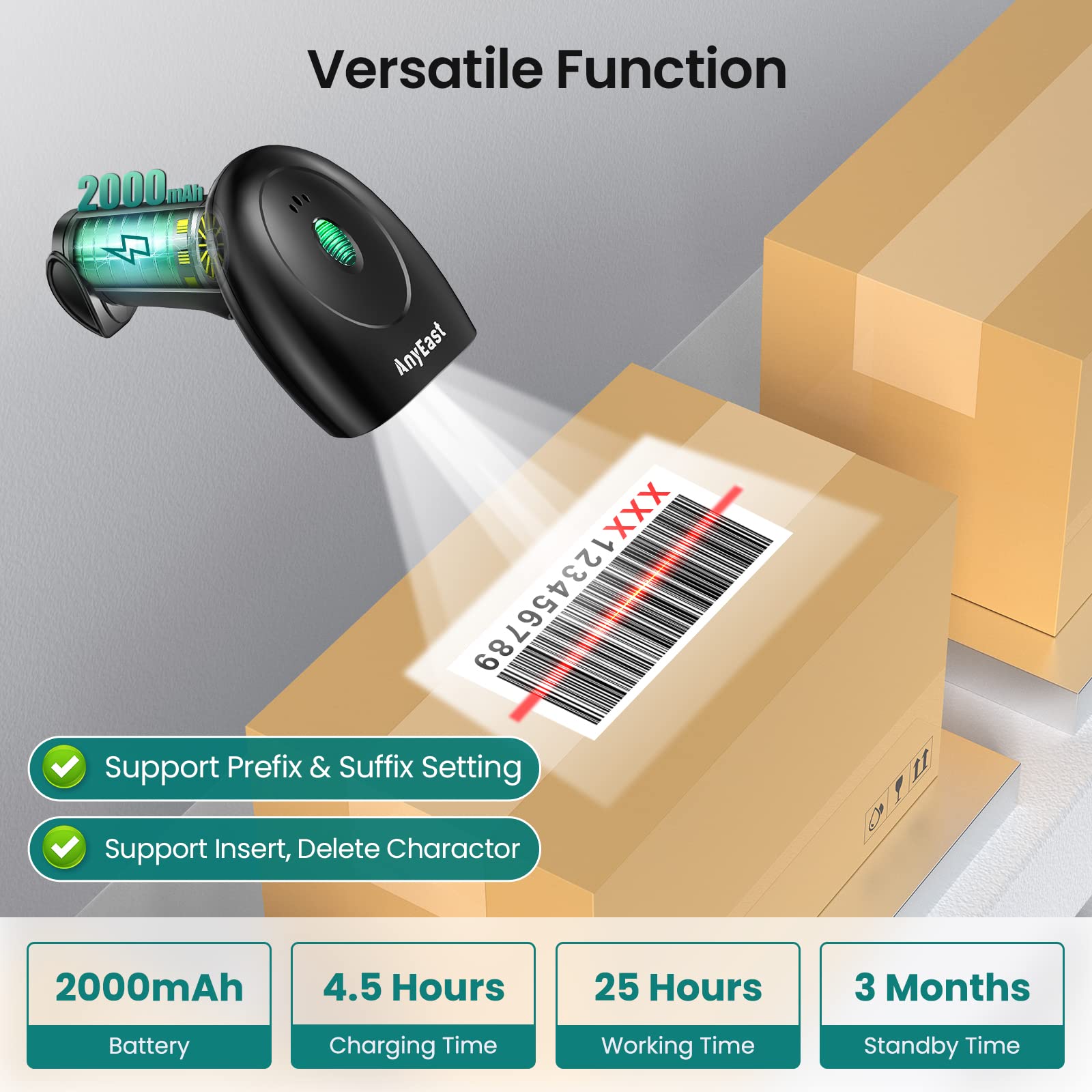 Escáner de código de barras con soporte, Bluetooth y escáner de código de barras inalámbrico, escáneres de código QR 2D 1D para computadora POS, lector de código de barras de imagen CMOS portátil para 7