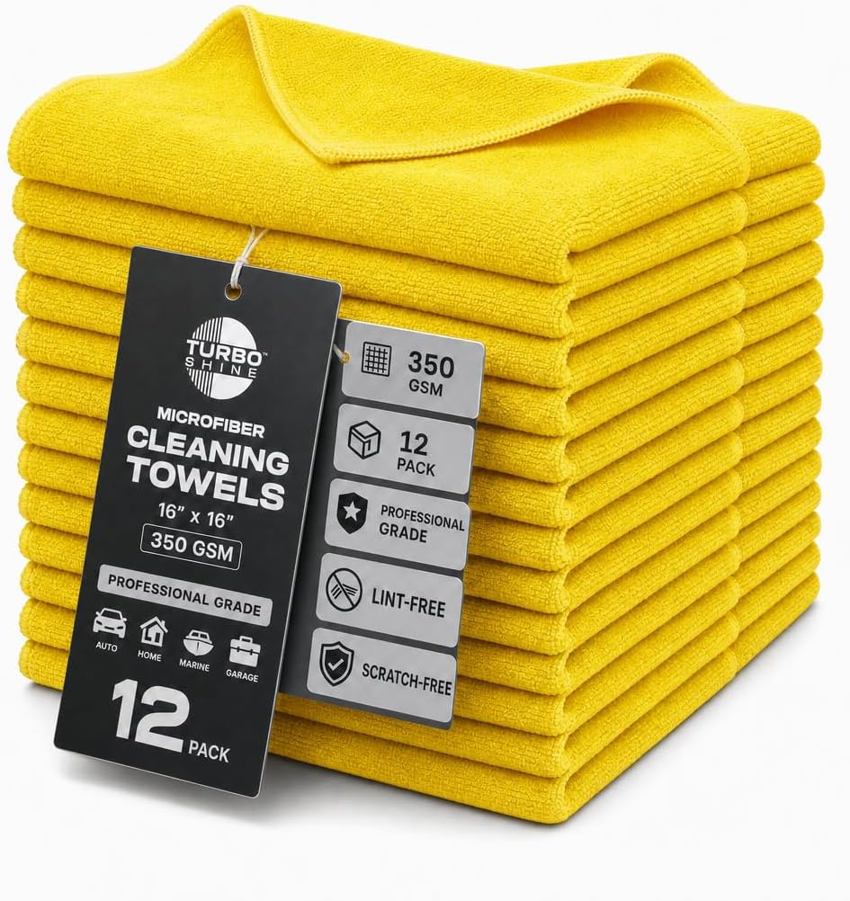 Premium Microfiber Cleaning Towels, 350 GSM, 16x16 Inch, 12 Pack, for Car, Glass, Bathroom and Home (Yellow, 16" x 16")