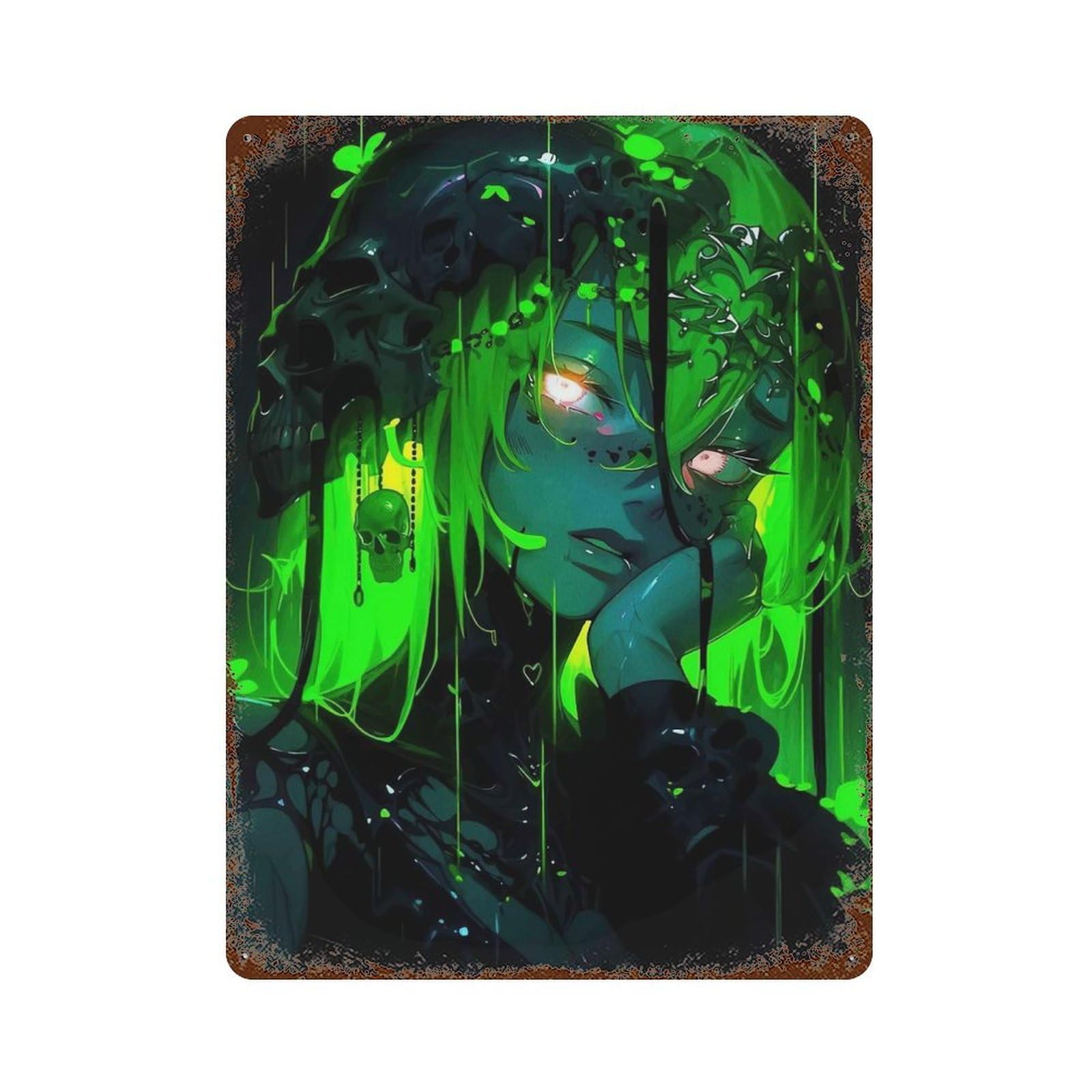 Green Anime Girl with Skulls Vintage Rust Metal Sign 15.7"x11.8", Farmhouse Wall Decor for Garage, Pub Or Kitchen