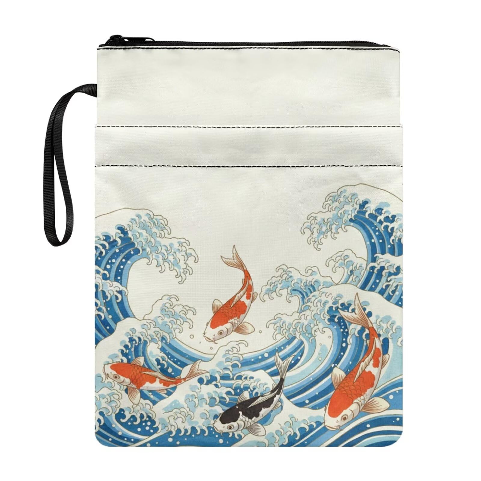 Poceacles Asian Style Printed Book Covers for Hardcover Portable Bible Pouch Book Sleeve with Zipper and Extra Pocket for Women Men Boys Girls, Japan Aesthetic Koi Fish Sea Wave