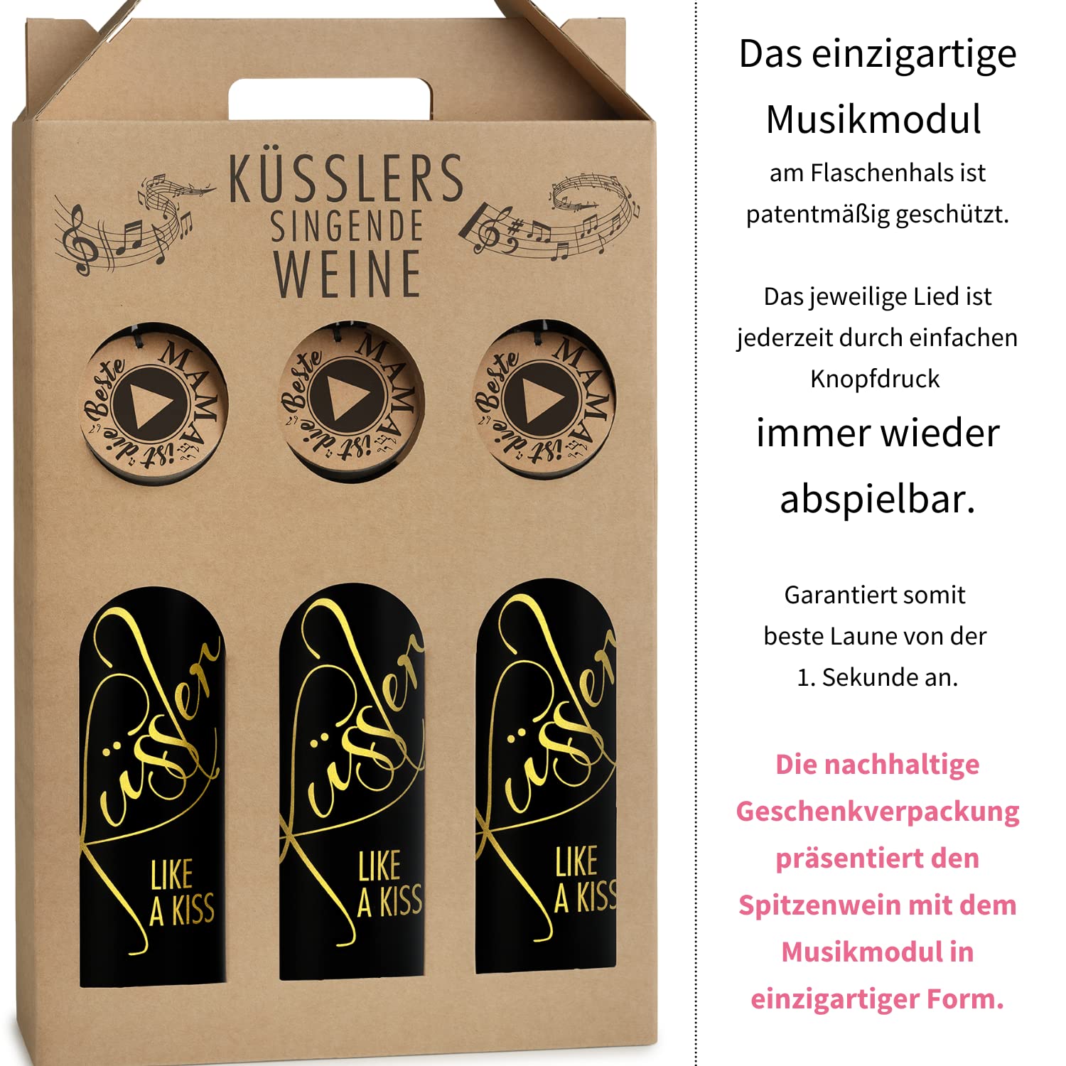 Neu! SINGENDER WEIN für die beste MAMA – jeder Cuvée weiß/rot/rosé mit eigenem Mama-Song – im nachhaltigen Geschenkkarton - das ideale Weingeschenk!
