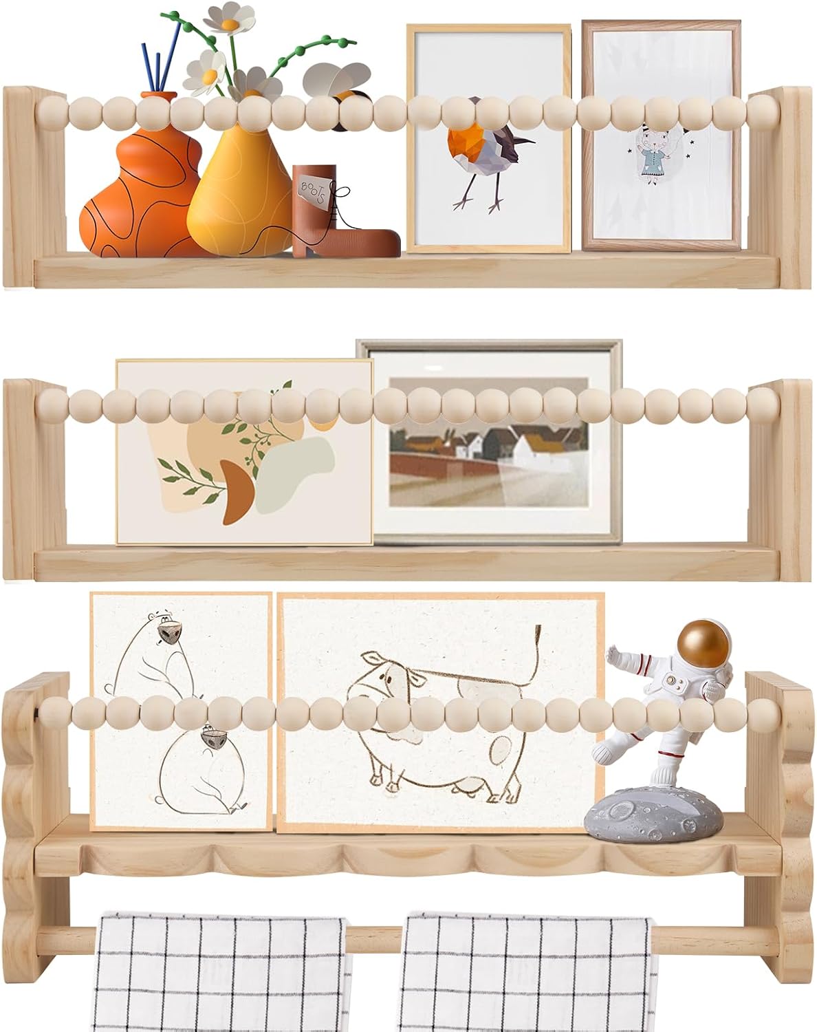 Nursery Book Shelves for Wall, 40cm Wooden Floating Book Shelves Set of 3, Wall Mounted Kids Bookshelf with Hanging Rail, Baby Nursery Decor Toy Display Storage Shelf for Kids Room, Bedroom