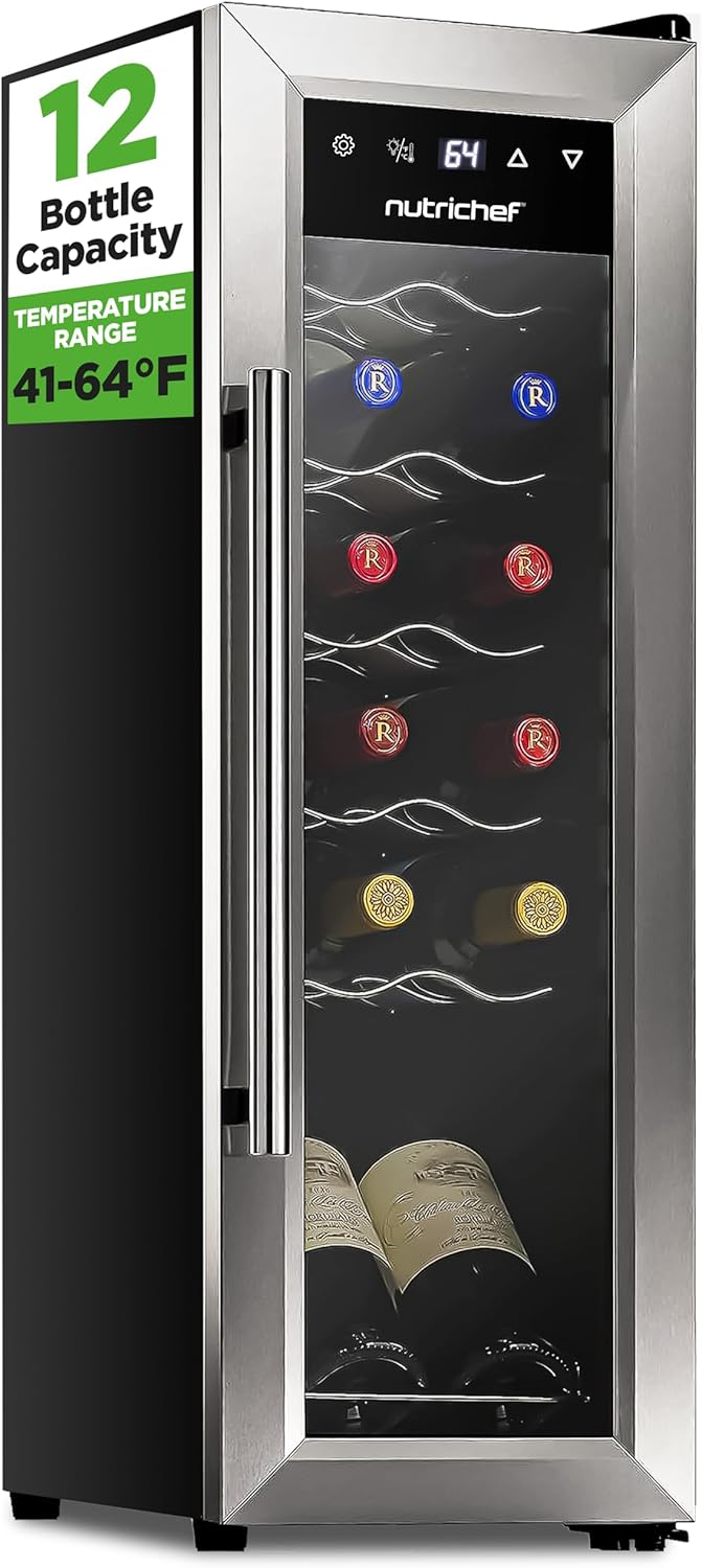 NutriChef 12-Bottle Slim Stainless Steel Wine Cooler Fridge | Quiet Compressor, Adjustable 41-64°F Temp, Freestanding Mini Chiller for Red & White Wine