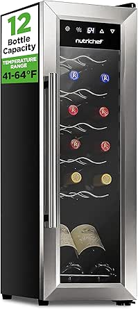 NutriChef Wine Fridge, 12 Bottle Wine Cooler Refrigerator, Mini Wine Fridge Freestanding Countertop Compact, Red and White Wine Chiller, Digital Temperature Control, Stainless Steel, Glass Door