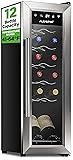 Nutrichef 12 Bottle Stainless Steel Slim Wine Fridge | Red & White Wine Chiller | Adjustable Temperature Control, Ultra Quiet Operation & Energy Efficient | Mini Wine Cooler Refrigerator | 31x10x17 IN Handle Stainless Steel 12 Bottle
