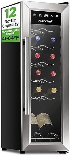 Nutrichef 12 Bottle Stainless Steel Slim Wine Fridge | Red