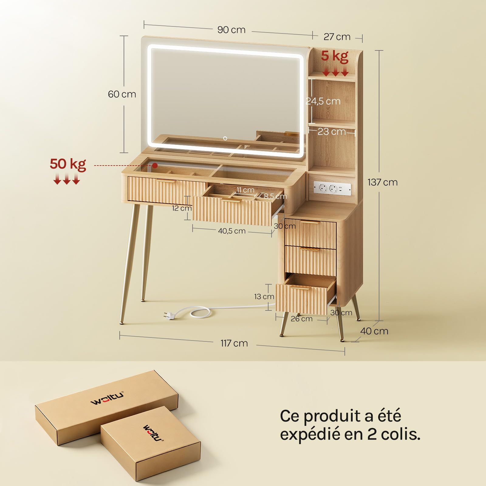 WOLTU Coiffeuse avec Grand Miroir LED, Éclairage Réglable, Multiprise, Plateau en Verre Trempé, Table Maquillage avec 2 Tiroirs à Diviseur Amovible, Armoire Latérale, Casiers Ouverts, Style Chêne