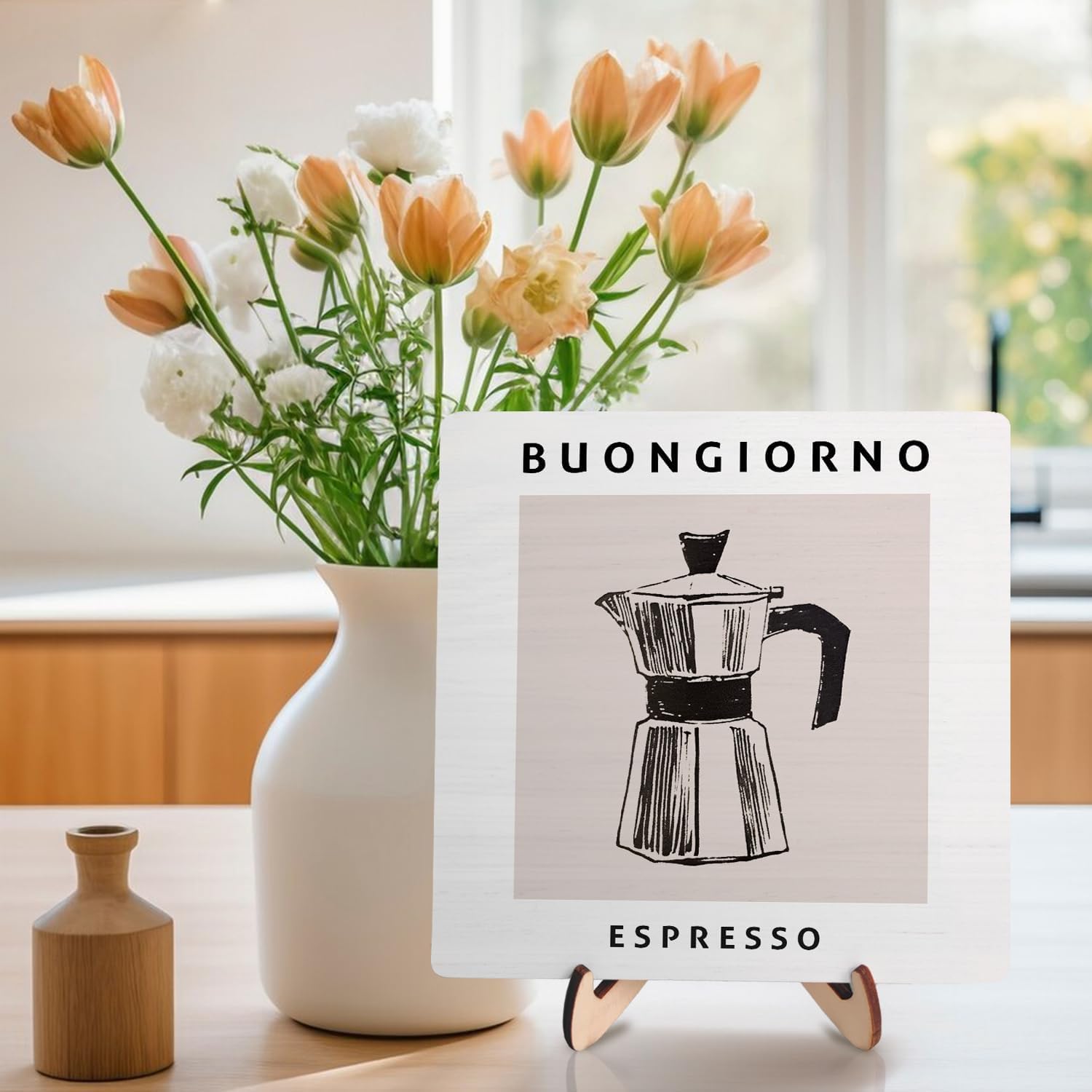 Coffee Bar Decor Sign,Wooden Vintage Plaque with CoffeePot Pattern-Buongiorno Espresso,Funny Farmhouse Decor for Coffee Station, Kitchen Café or Shelf Display(White) image 3