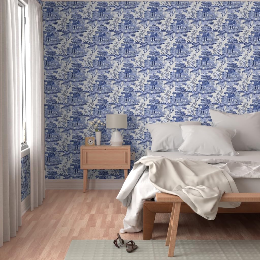 Spoonflower Peel & Stick Wallpaper Swatch - Pagoda Chinoiserie Blue Toile Chinese Botanical Garden Willow Cottagecore Grandmillennial Custom Removable Wallpaper