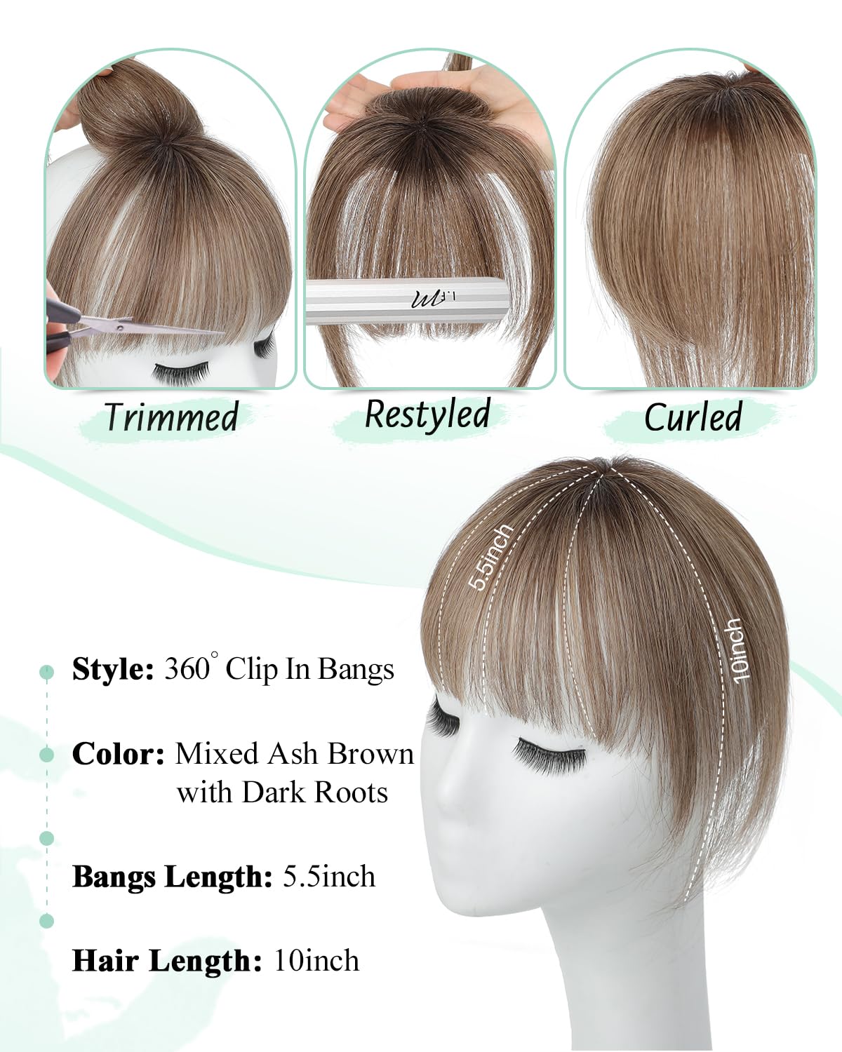 UDU Clip in Bangs Real Human Hair, Natural Clip on Fringe Hair Extensions with Temples, Fake Bangs Hairpiece for Women