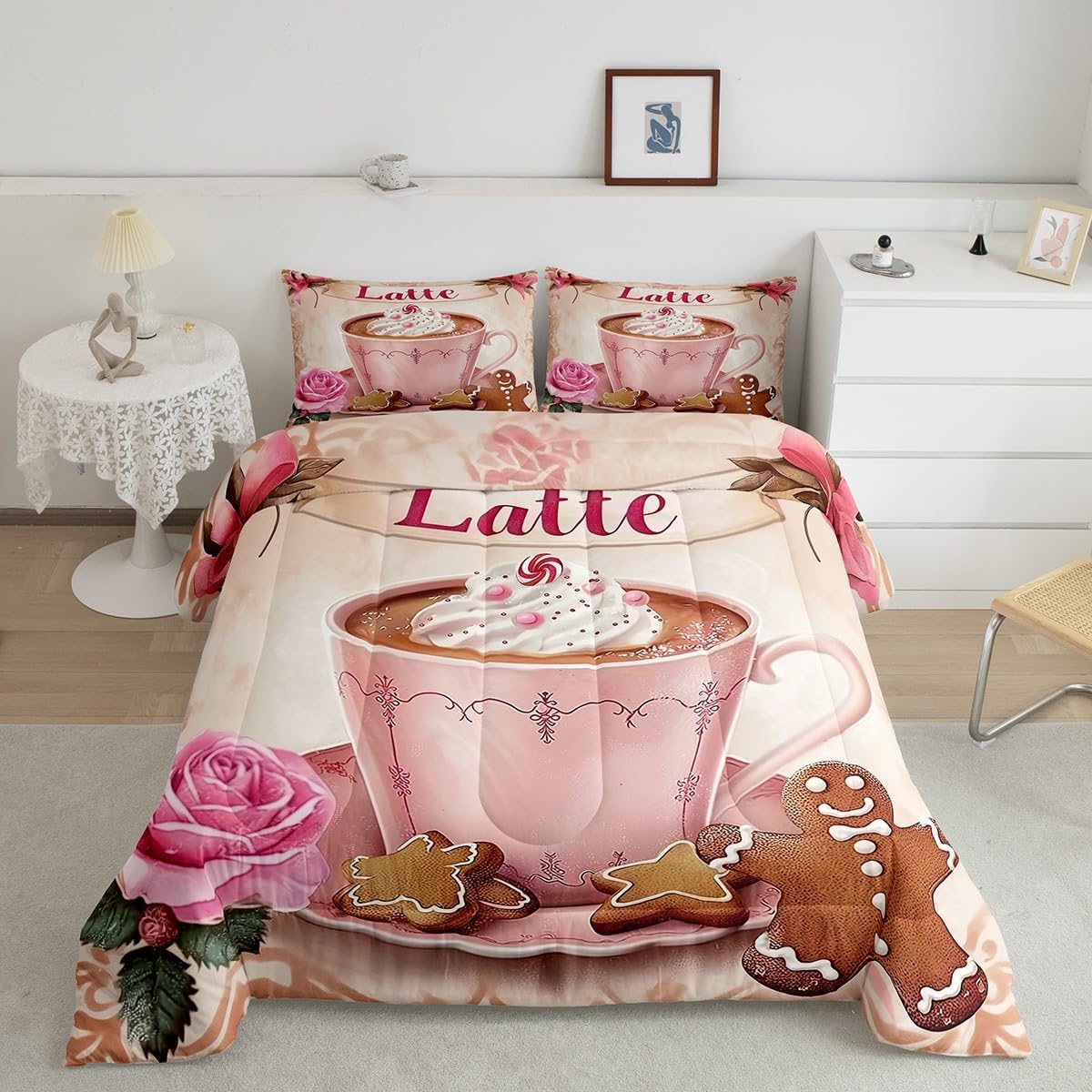 Erosebridal Girls Latte Bedding Set,Pink Bowknot Roses Queen Comforter Set for Kids Teens Adults,Delicious Dessert Bed Set,Cream Coffee Down Comforter Bedroom Decor
