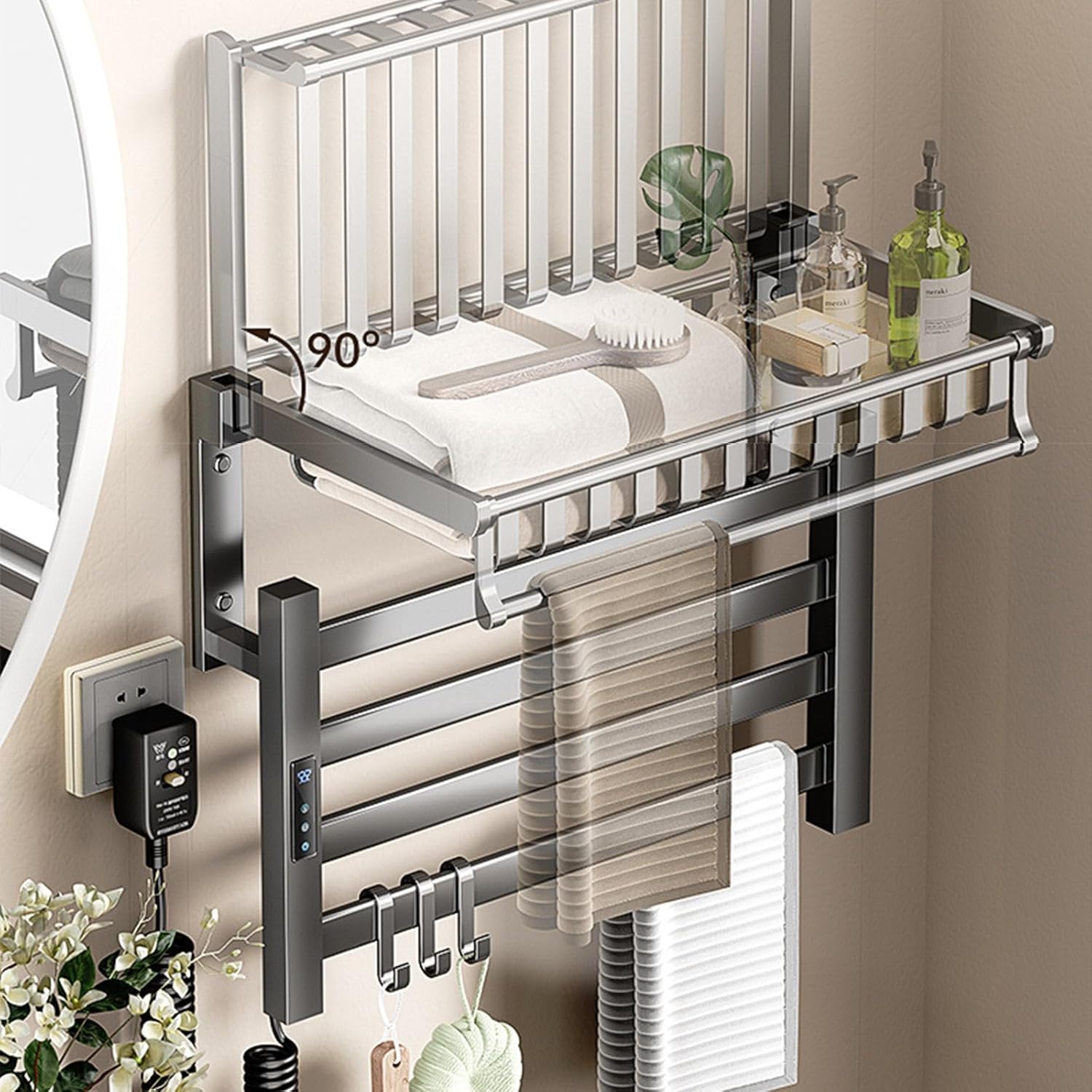 Electric Towel Warmer for Bathroom, Gray Heated Towel Rack Towel Warmer Rack Wall Mounted Aluminum Electric Towel Drying Rack Digital Display Touch Control, 45-70℃, 0-24H