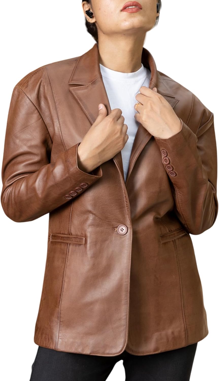 Jild Oversized Lambskin Leather Blazer Women - Business Casual Coat Plus Size Leather Jacket Women