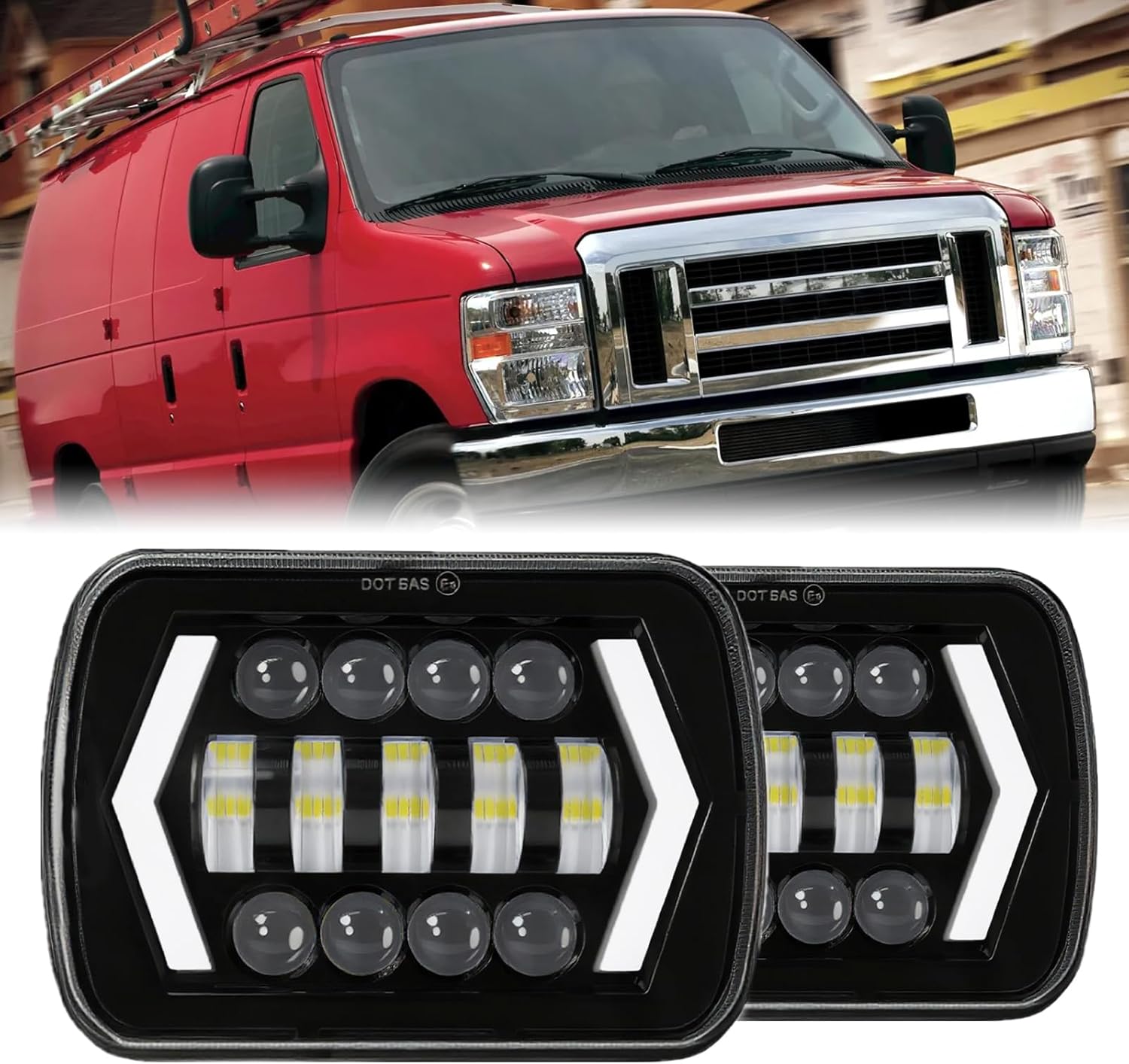 2PCS Headlights Fit For Ford E150/E250/E350/E450 1985-2013, 5x7 6x7 Inch Square Hi/Lo Beam DRL Amber Turn Signal Headlight, 130W 44000LM 6500K Super Bright, DOT Approved