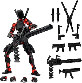 Titan 13 Action Figure 3D Printed Multi-Jointed Dummy 13 Poseable Robot Model with Gatling Gun Lucky 13 Action Figure Robot Assembled Desktop Decoration Office Home Gift for Adults Reddish Black