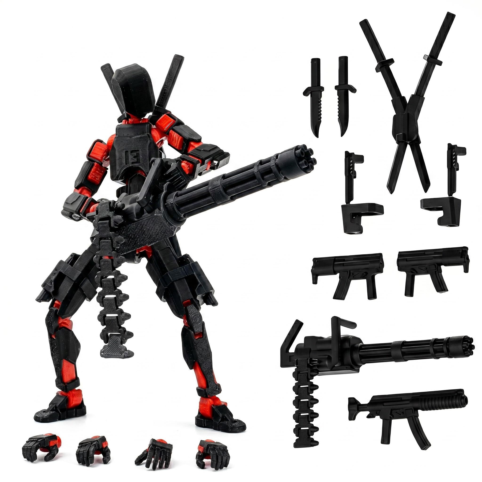 Titan 13 Action Figure 3D Printed Multi-Jointed Dummy 13 Poseable Robot Model with Gatling Gun Lucky 13 Action Figure Robot Assembled Desktop Decoration Office Home Gift for Adults (Reddish Black)