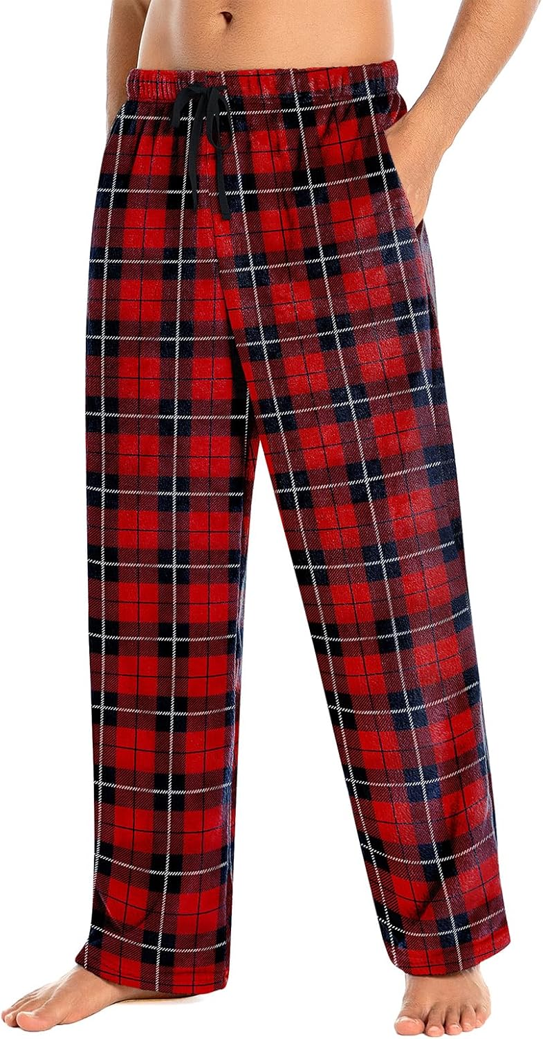 Mens Fuzzy Plaid Pajama Pants - Brushed Flannel Sleepwear with Drawstring & Pockets, Plaid & Print Pj Pants - Image 3
