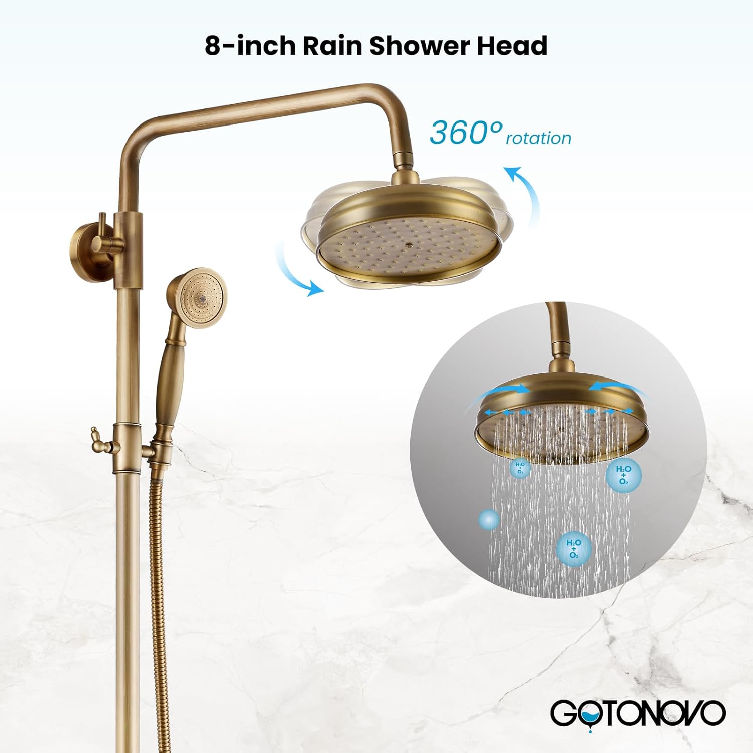 gotonovo Exposed Bathroom Tub Shower Faucet Set with Shower Shelf 8 inch Rainfall Shower Head with Handheld Spray with Tub Spout Shower System 3 Function Wall Mounted Antique Brass Double Lever Handle