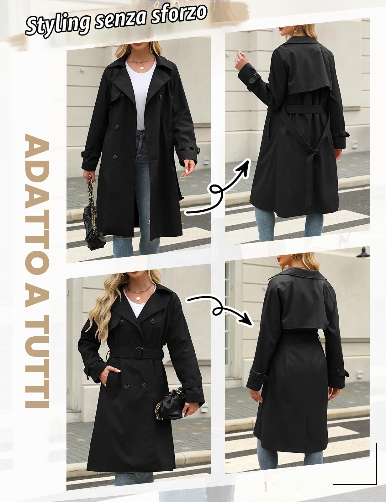 Vancavoo Trenchcoat Donna Giacca Primaverile Autunnale Cappotto Classico Doppiopetto Lungo Parka Windbreaker Giacche con Tasche