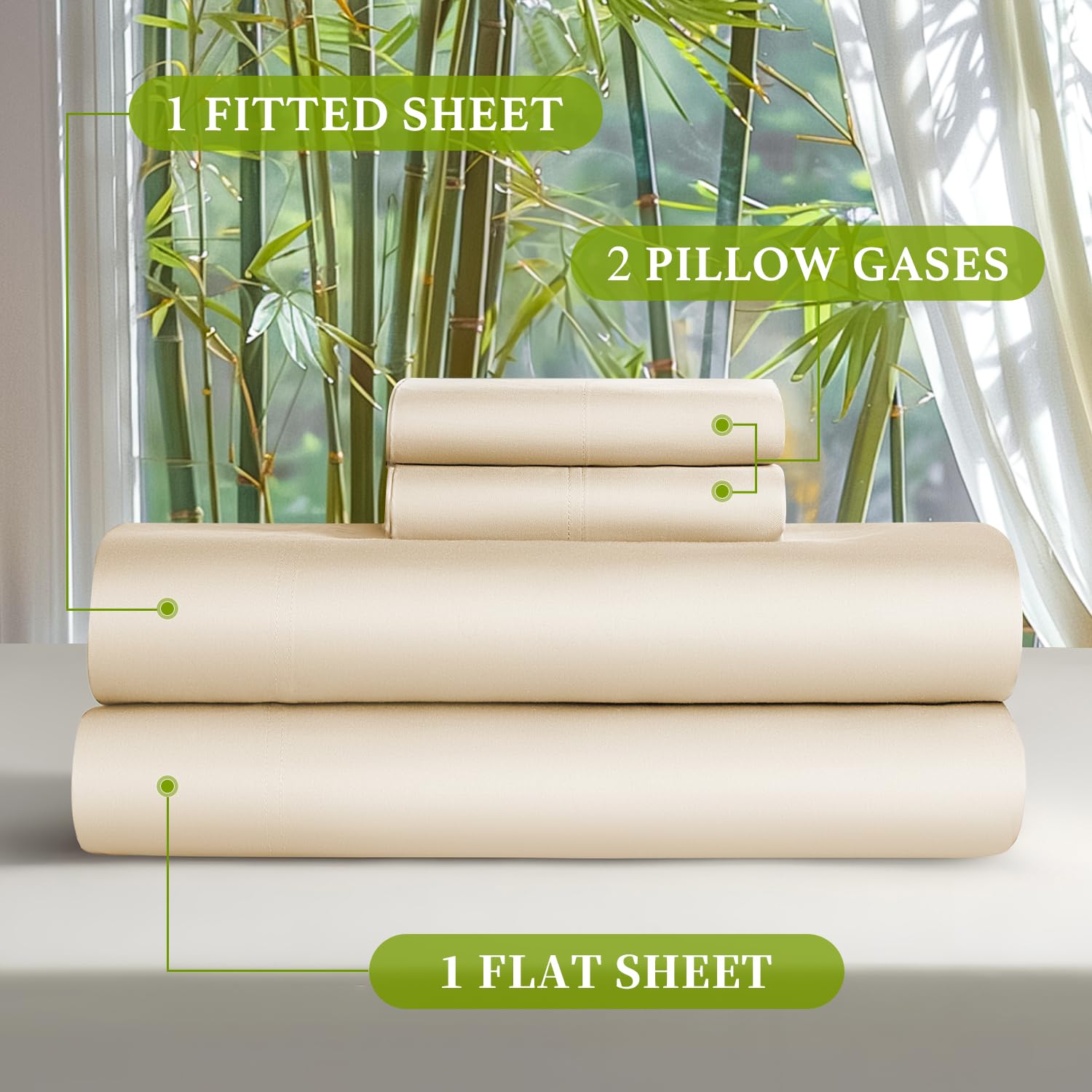 Shilucheng 100% Viscose Derived from Bamboo_ Sheets King Size 4pcs - Ultra Cooling & Silky Soft Bed Sheets, 16" Deep Pocket, Perfect for Hot Sleepers, Hotel Bedding Sheets (French Blue): 04 - Beige Full