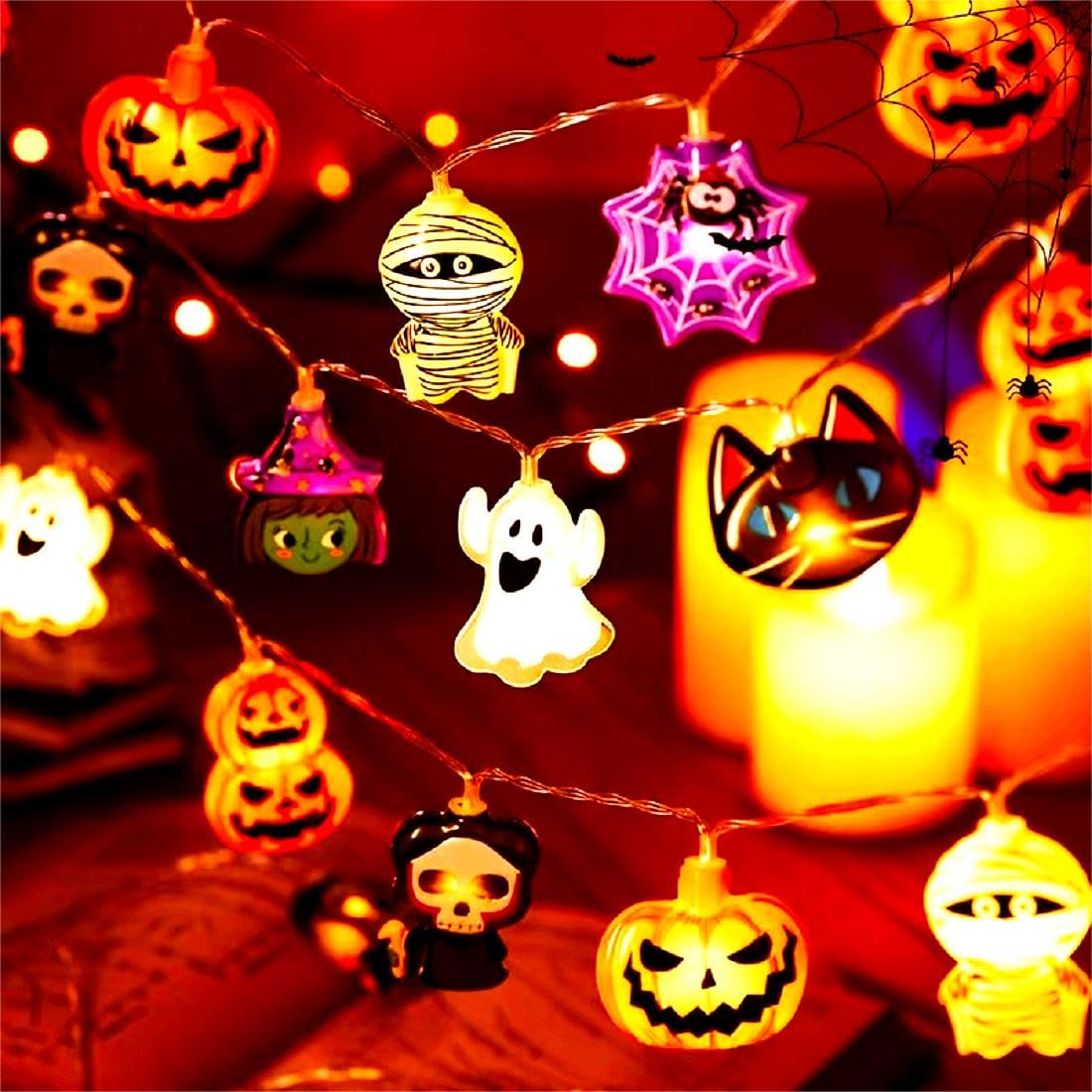Upgraded Halloween Lights 16.4FT 30 LED Lights, Halloween String Lights 3D 2 layer pumpkins, Mummy,skull heads, ghosts, Halloween Decorations Light for Indoor Outdoor Party, Battery Operated
