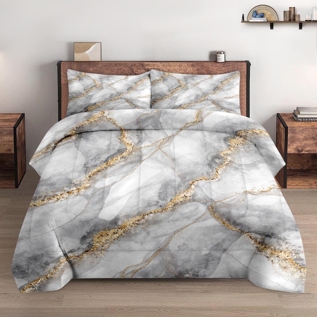 Pamnest Queen Comforter Set, 3 Pieces Marble Black Bedding, All Season | Gray Gold Stone Soft Comforter for Kids and Adults Room Bedroom Bed Decor, 2 Pillowcases