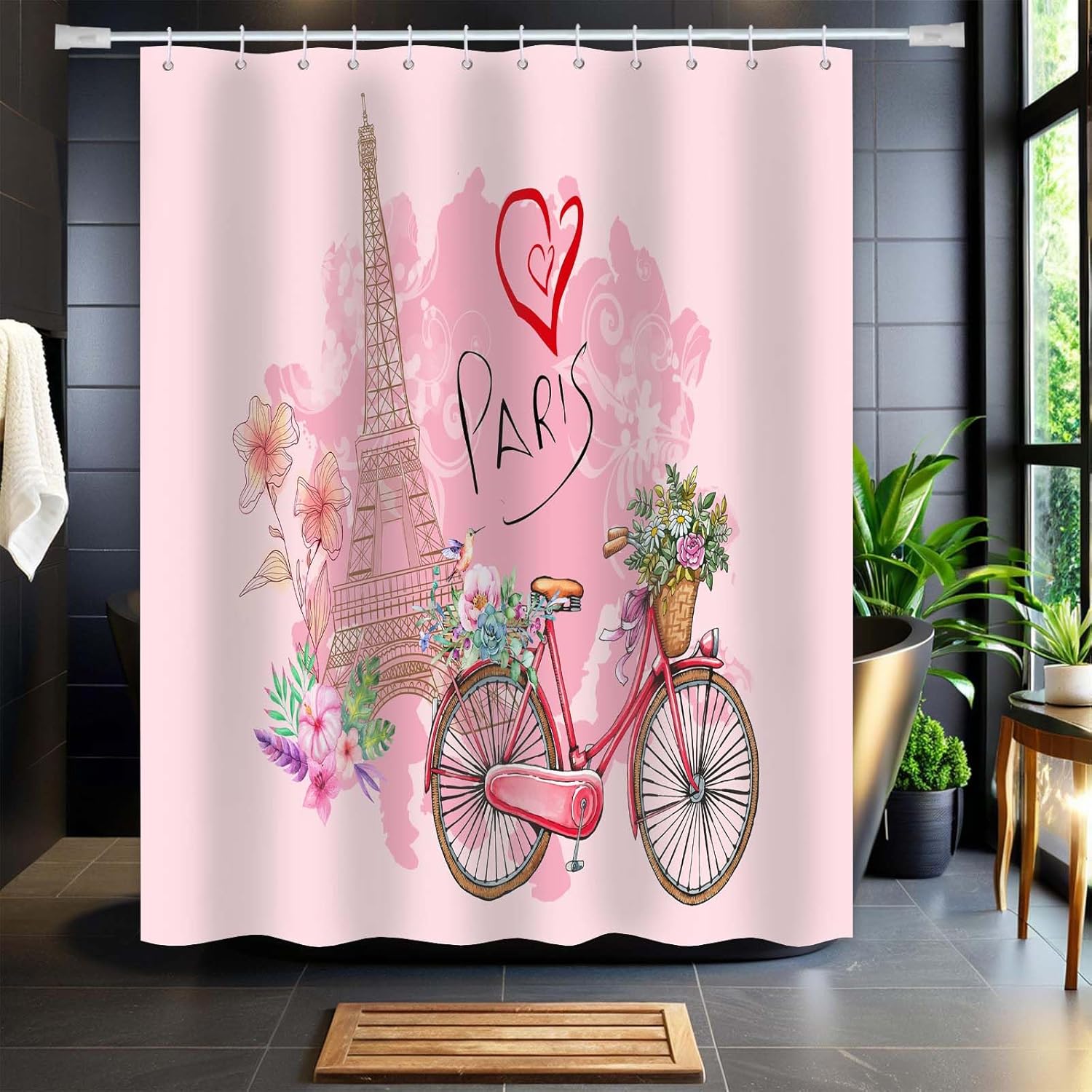 Pink Paris Shower Curtain for Girls Bathroom, France Eiffel Tower Art Modern Spring Shower Curtain Set Waterproof Bath Tub Curtain Decor with 12 Hooks, 72x72 inches
