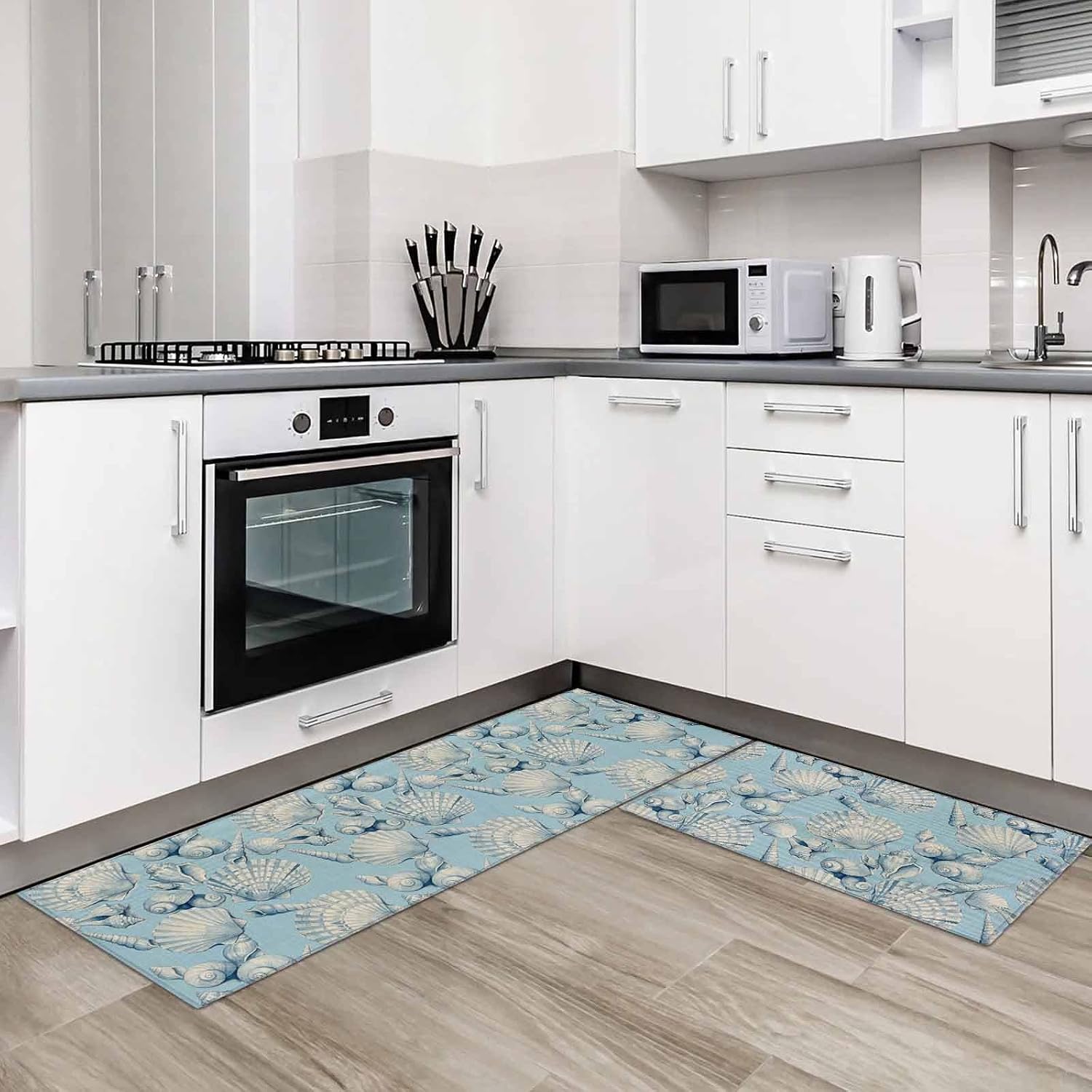 Kitchen Mats for Floor Green Shells Conch on Vintage Washable Non Slip Kitchen Rugs 2PCS, Watercolor Marine Life Absorbent Standing Mats for Sink Bathroom Office Living Room 15.7x23.6in+15.7x47.2in