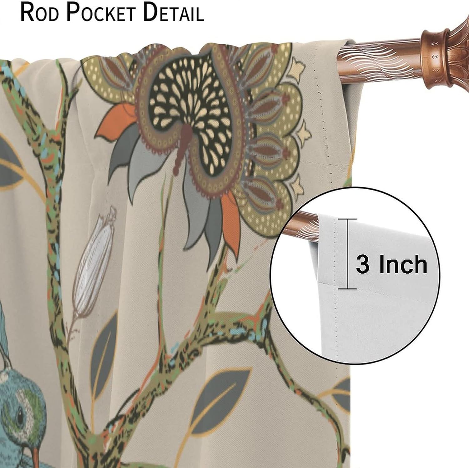 Floral Print Window Curtains,Bohemian Flower Birds Modern Style Room Darkening Door Window Rod Pocket Curtain for Living Room Bedroom Kitchen Bathroom W42xL54in