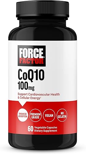 Force Factor CoQ10 100 mg, suplemento de salud cardíaca de coenzima Q10 con absorción mejorada, Coq 10 de grado premium, vegano, sin lácteos, sin