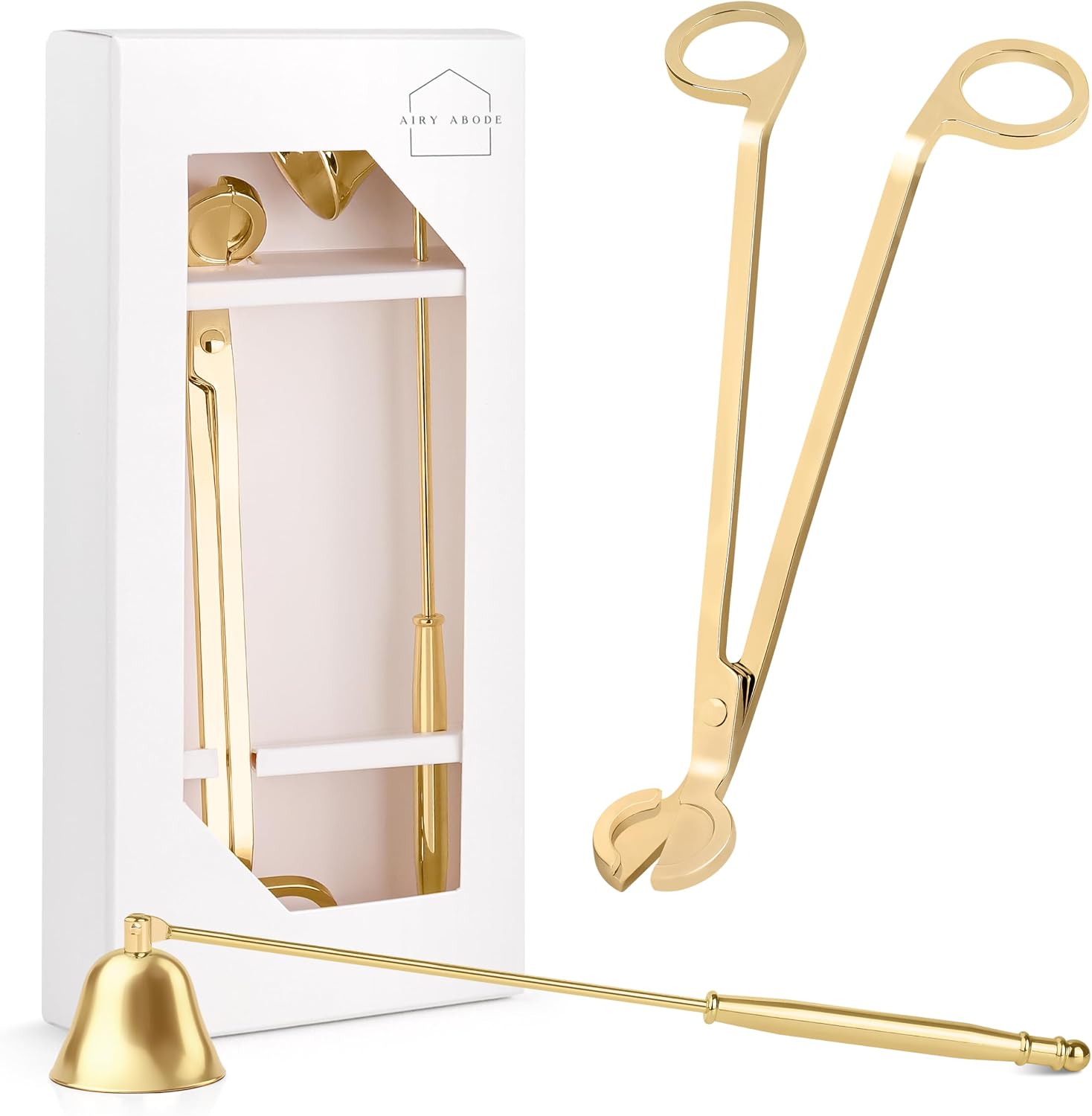 Airy Abode Candle Snuffer and Wick Trimmer Set, Bell Snuffer Gift Box, Stainless Steel Candle Care Accessory for Home Decor, Brushed Gold