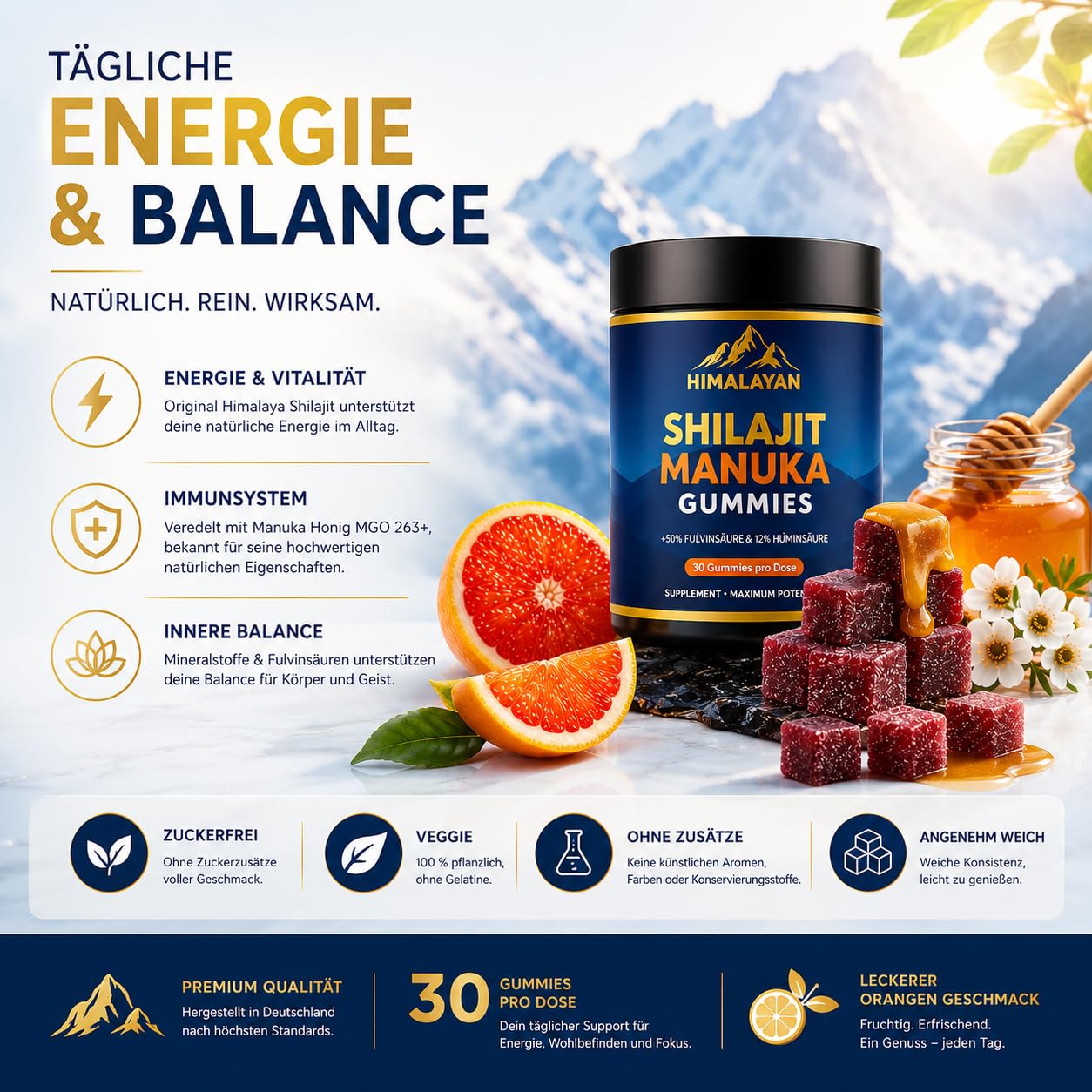 Shilajit Himalaya & Manuka Honig MGO 263 – Zuckerfreie Veggie Wohlfühl-Gummibärchen – Deine tägliche Unterstützung für Energie, Immunsystem & innere Balance