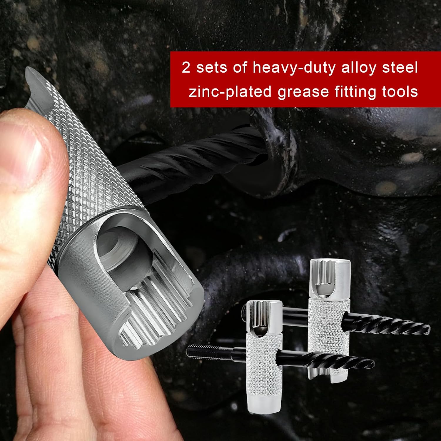 2PCS Grease Fitting Tool, 4 Way Grease Zerk Removal Installation Rethreading Tool, Grease Fitting Multi-Tool Fits 1/4"-28 SAE, 1/8"-NPT, M10x1, M8x1, Hex Sizes 3/8" 5/16" 7/16"